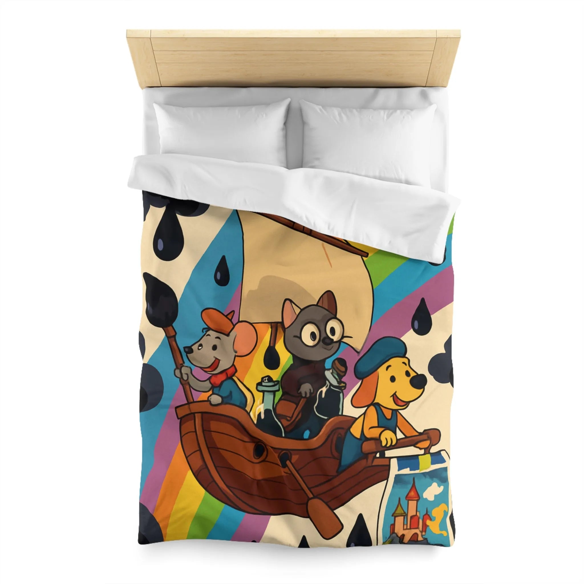 Housse de couette enfant avec animaux navigateurs sur arc-en-ciel et bateau enchanteur