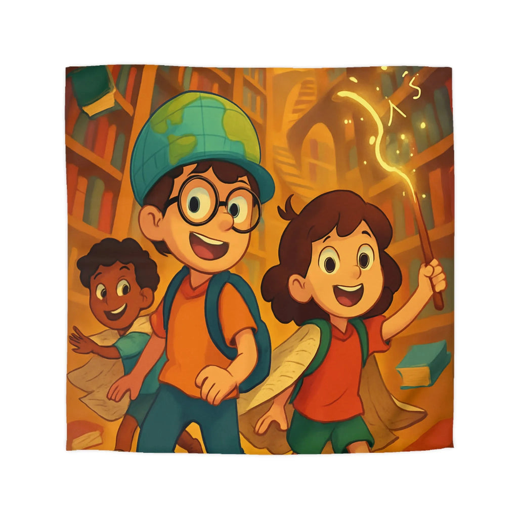 Housse de couette magique avec enfants explorant une bibliothèque enchantée et livres volants