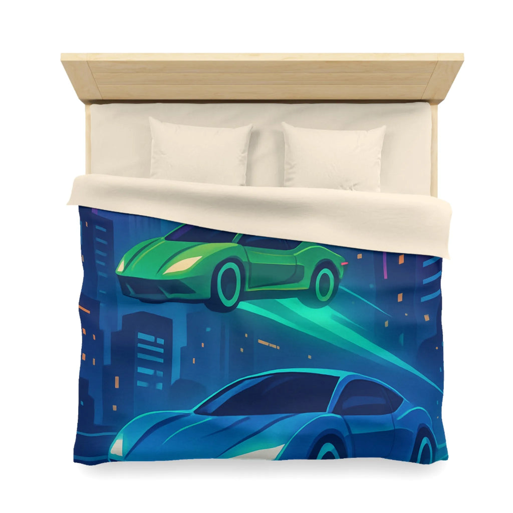 Découvrez des voitures futuristes illuminées flottant dans un ciel urbain nocturne vibrant