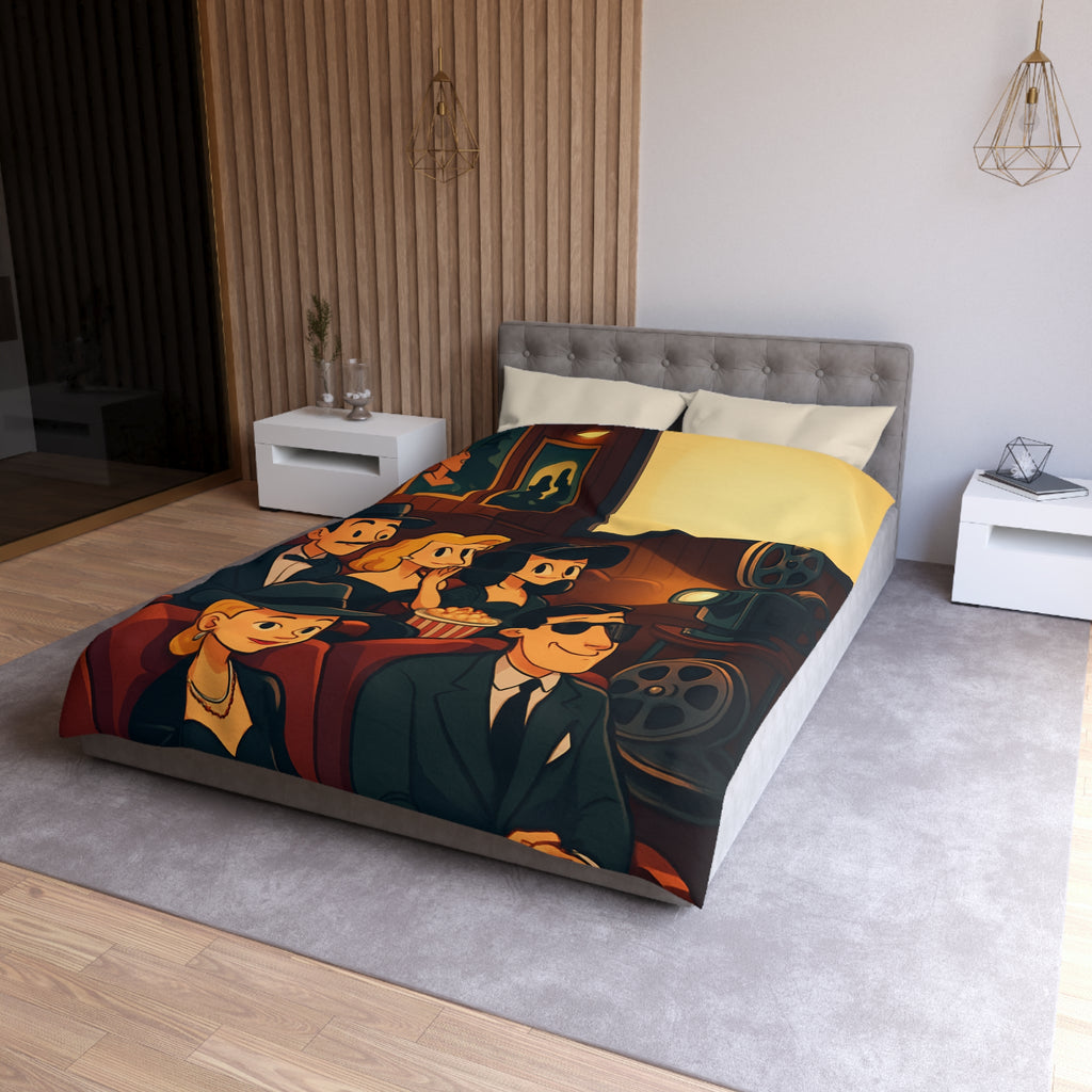 Housse de Couette Rétro Cinéma avec Scène de Spectateurs Élégants et Projecteur