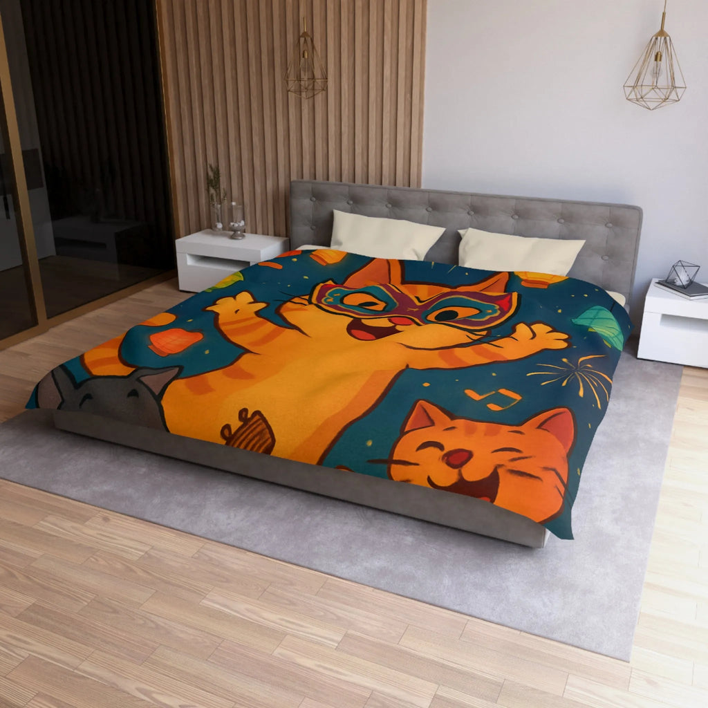 Housse de couette festive avec chats joyeux, feux d'artifice et lanternes colorées