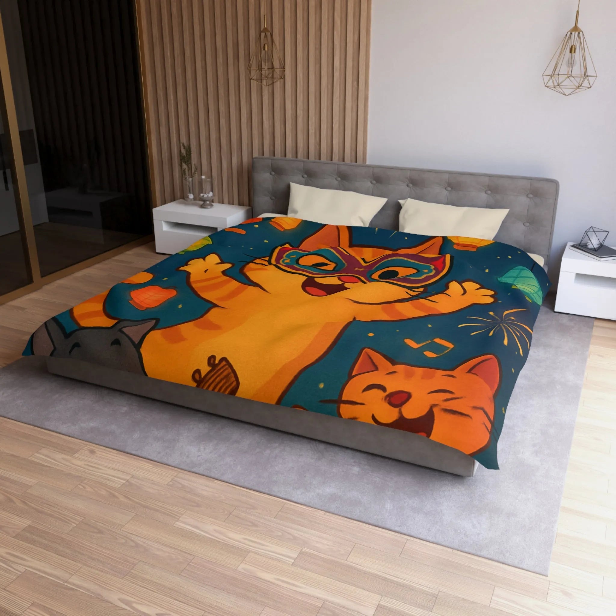 Housse de couette festive avec chats joyeux, feux d'artifice et lanternes colorées