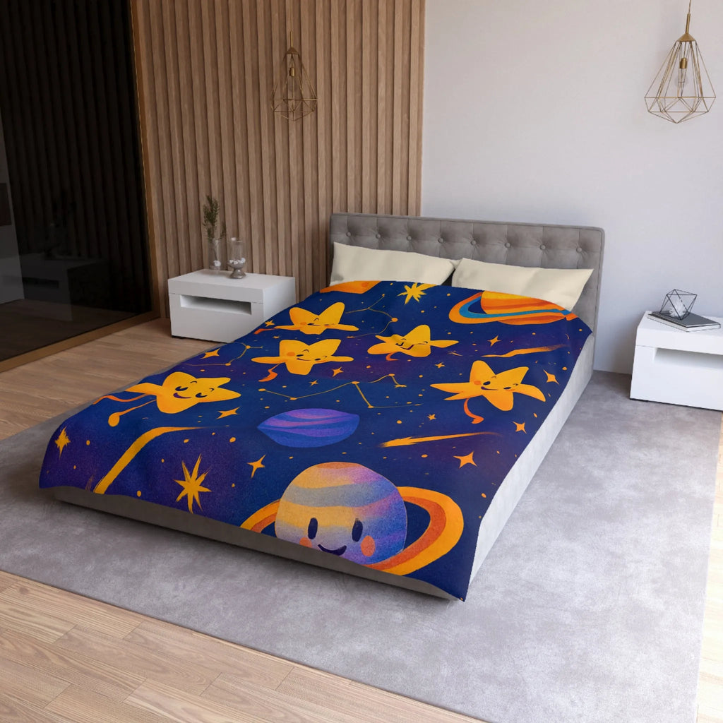 Housse de couette avec étoiles souriantes et planètes cartoon pour chambre d'enfant