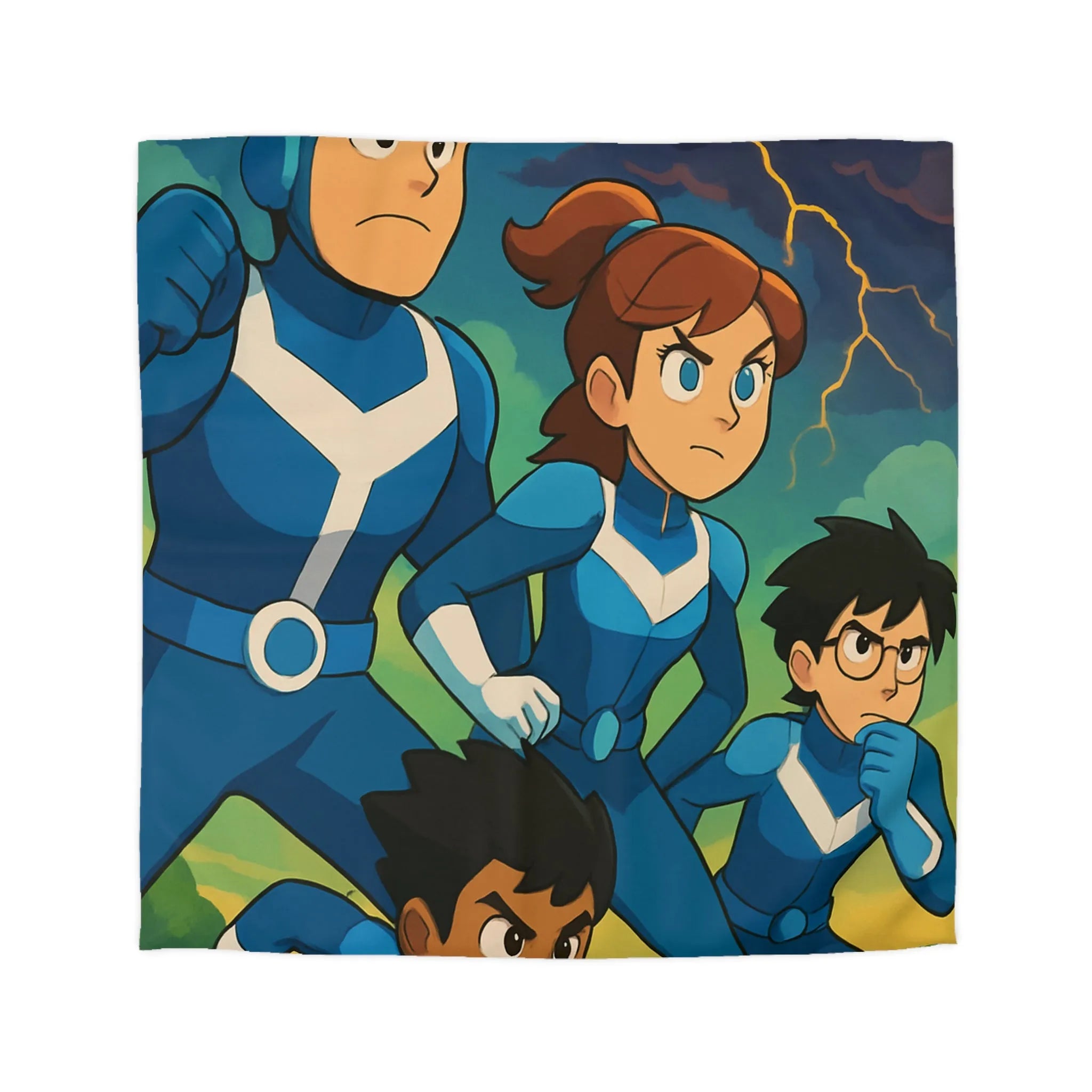 Housse de couette aventure : personnages animés et ciel orageux captivant pour chambre dynamique