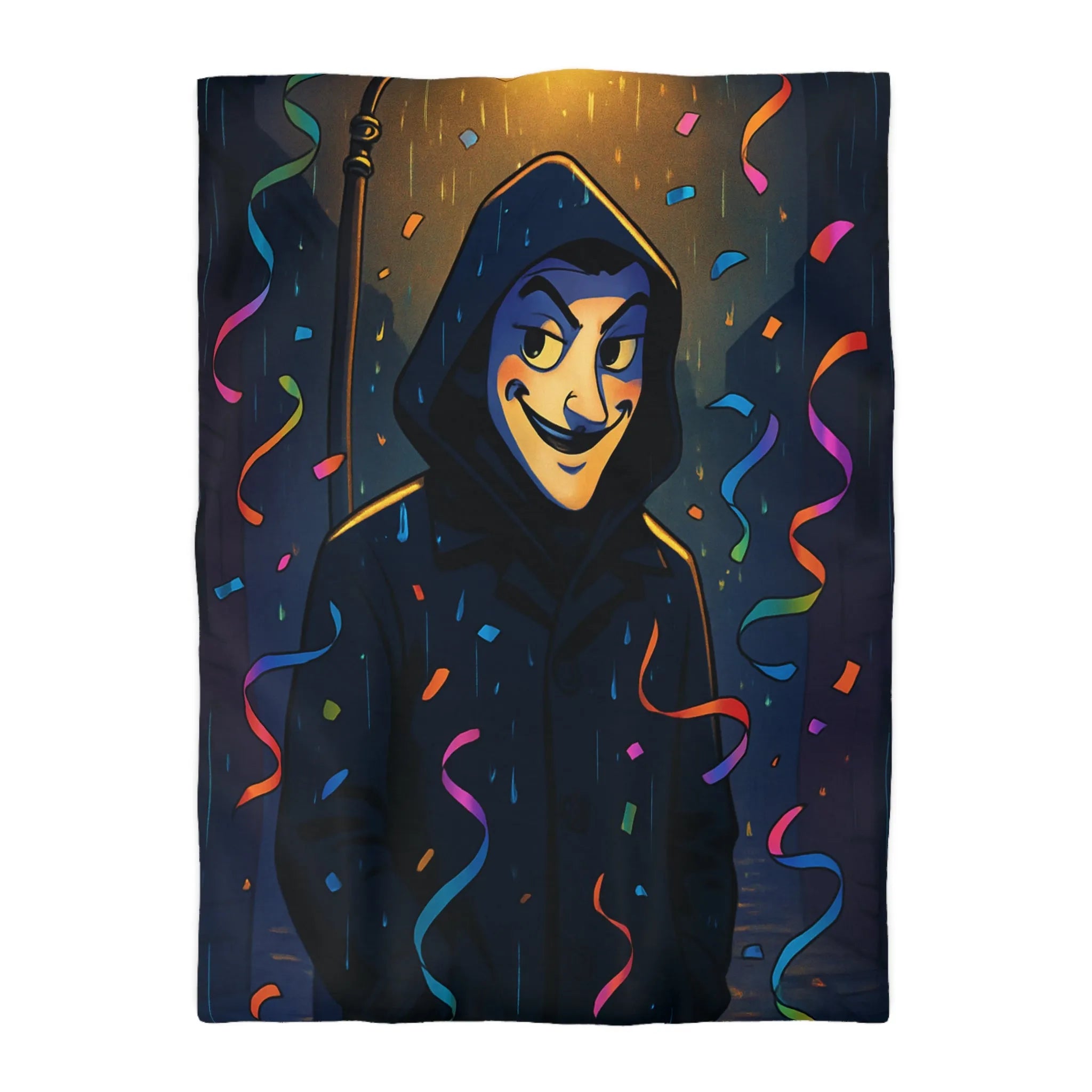 Housse de couette artistique joyeuse avec personnage mystérieux sous réverbère nocturne coloré