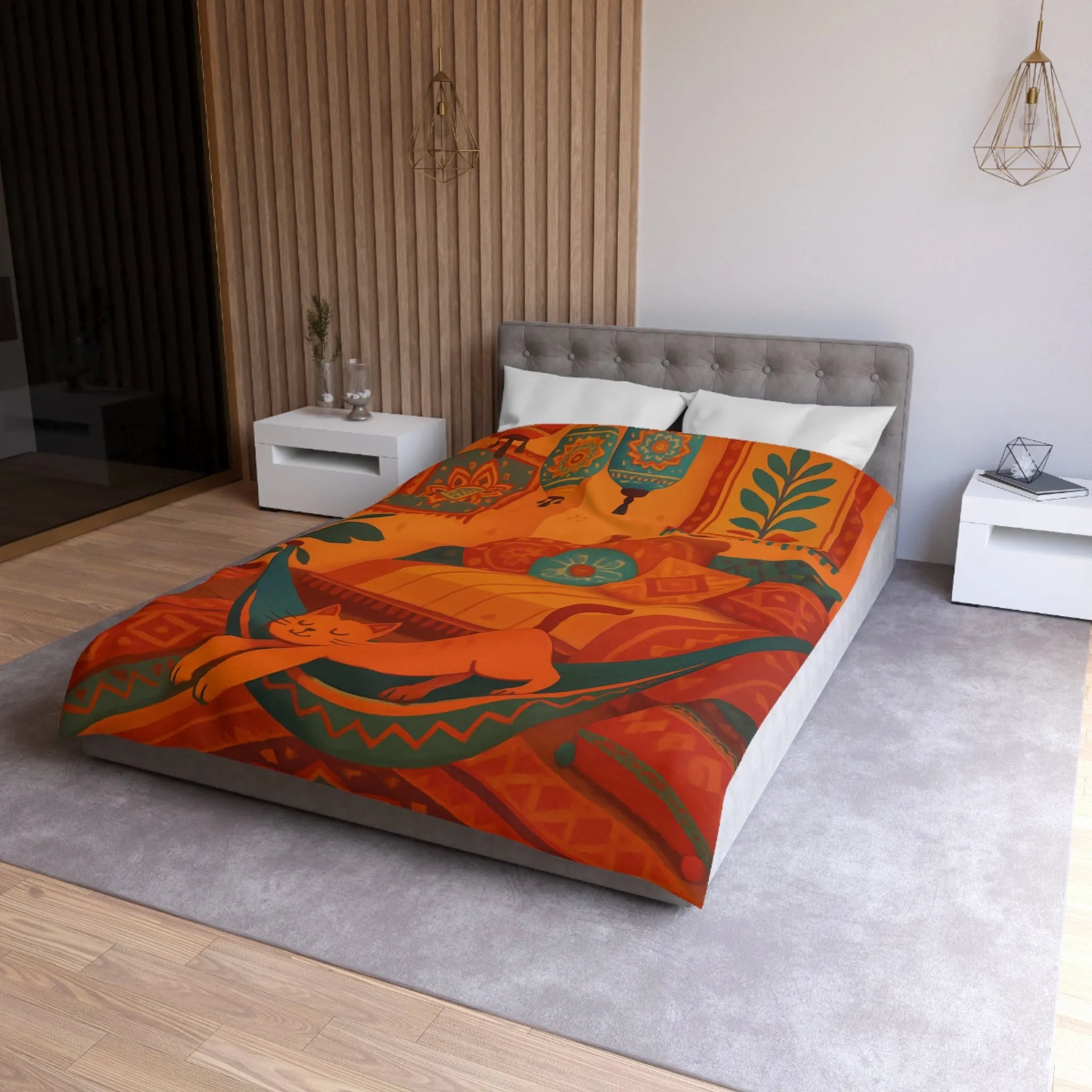 Housse de couette bohème avec motifs mandala et chat dans des tons chauds