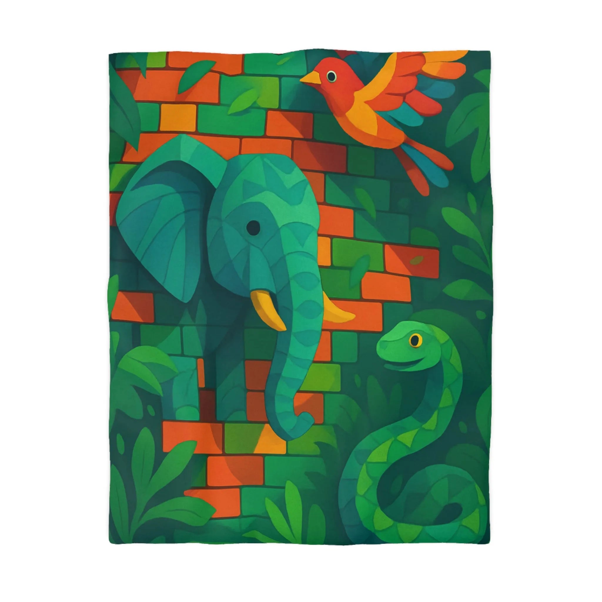 Housse de couette jungle vibrante avec éléphant, oiseau, serpent et feuillage luxuriant