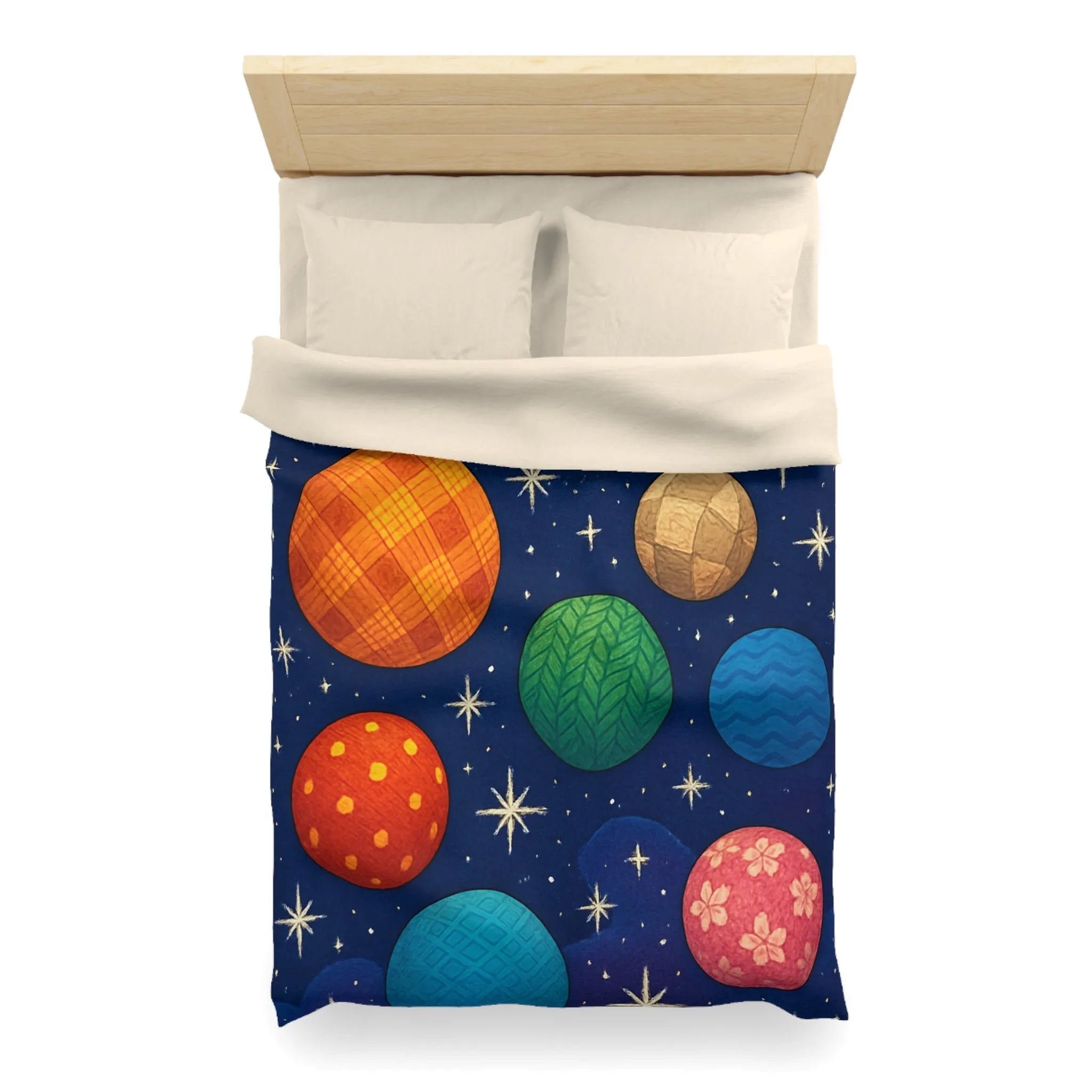 Housse de couette colorée avec planètes texturées, étoiles brillantes et nébuleuse mystique