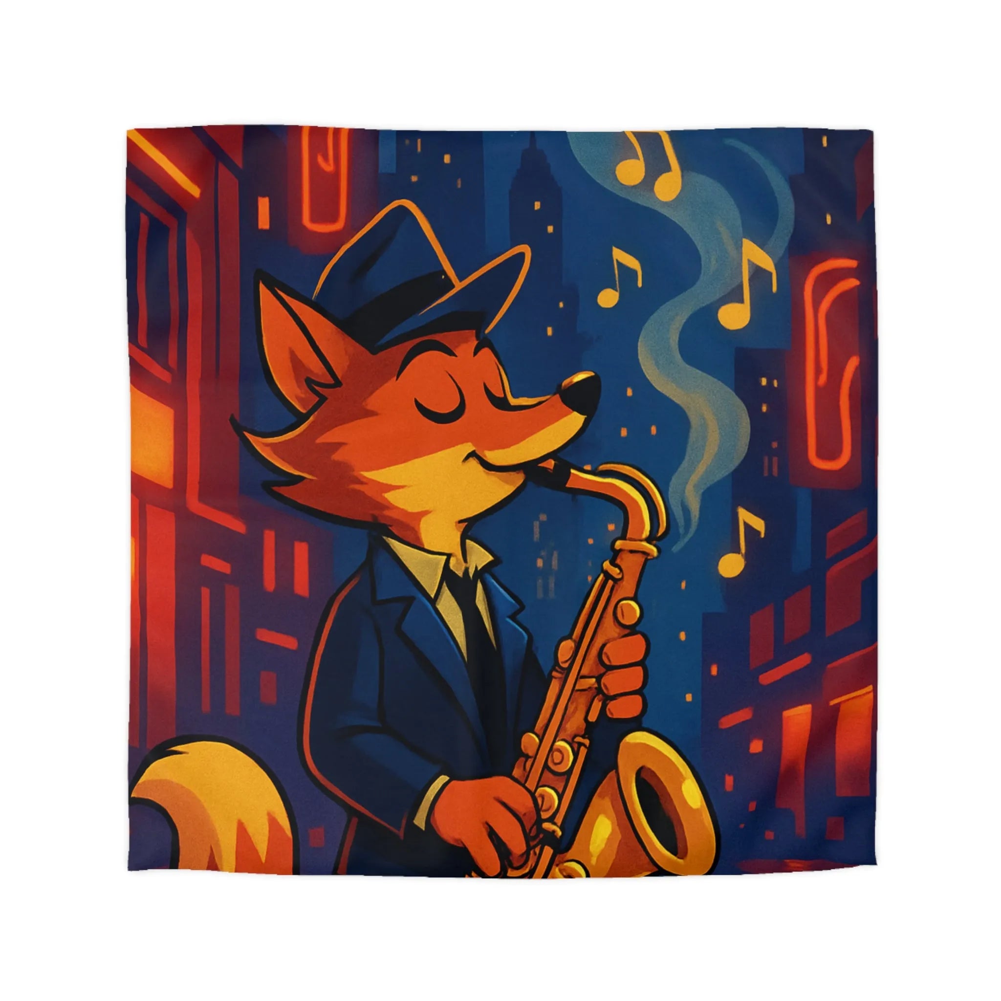 Housse de Couette Jazz de Rue avec Renard Jouant du Saxophone Sous les Réverbères