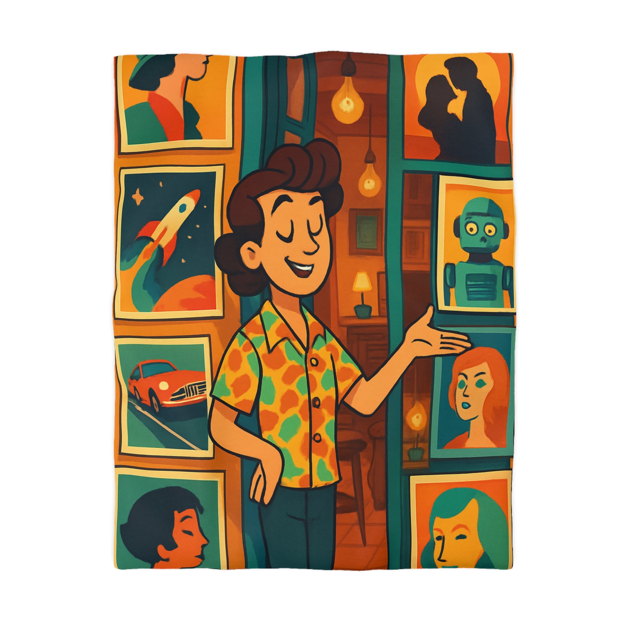 Housse de couette rétro avec illustrations vibrantes, ambiance vintage et design artistique coloré