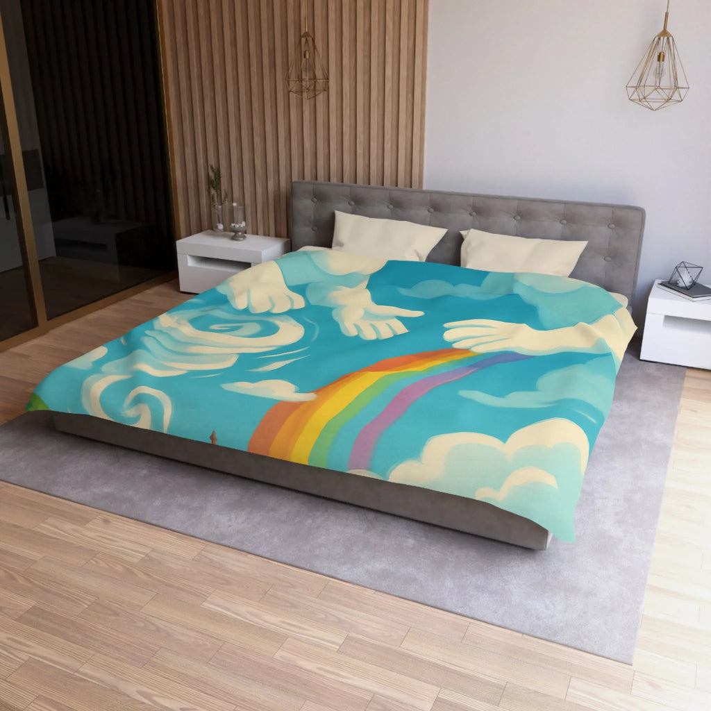 Art ludique de nuages souriants au-dessus d'un village teinté de couleurs vives