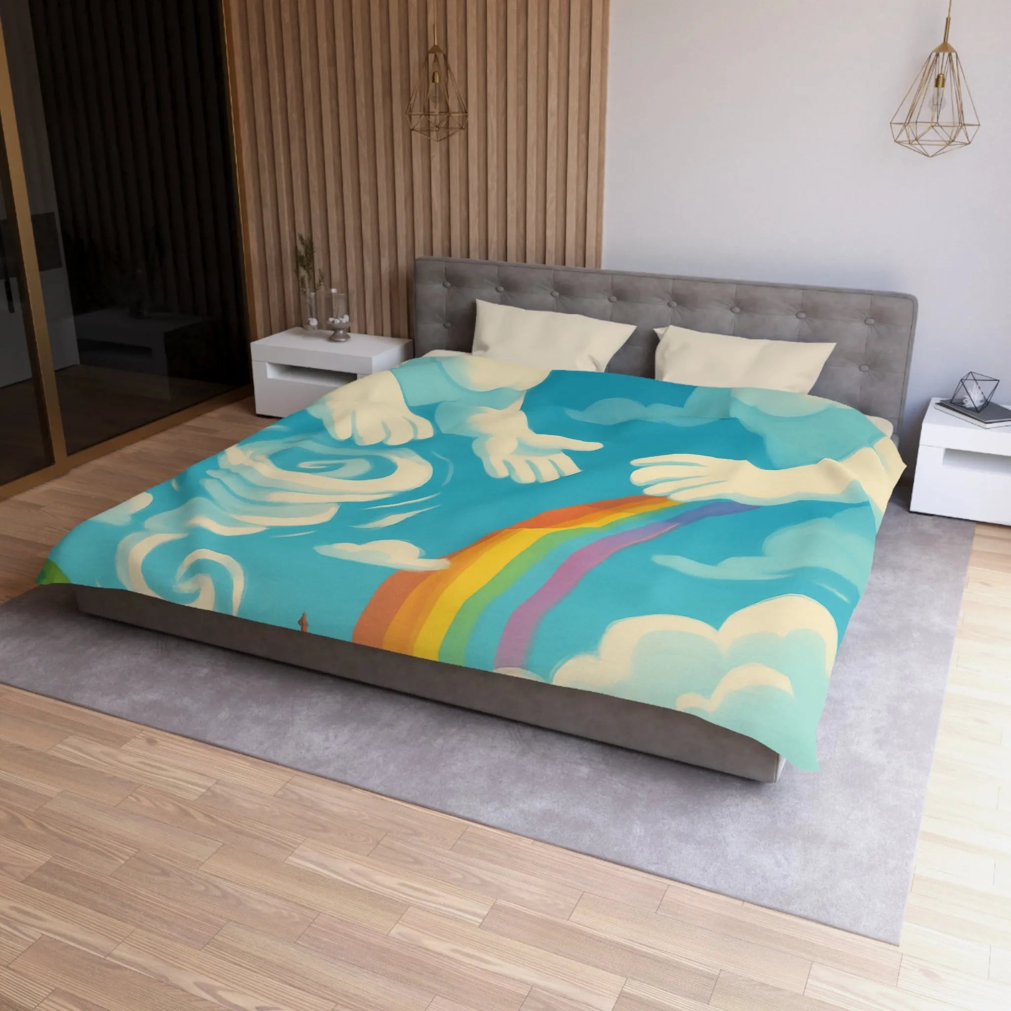 Art ludique de nuages souriants au-dessus d'un village teinté de couleurs vives