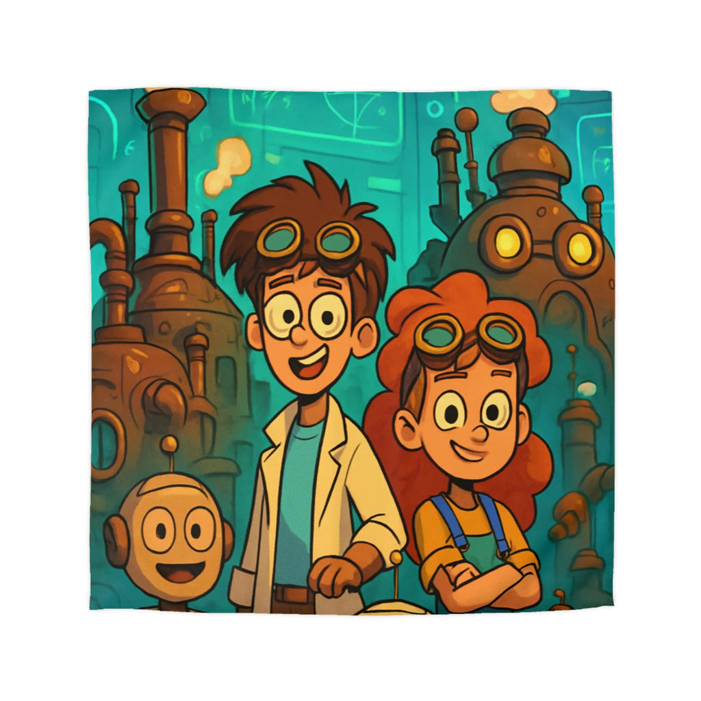 Exploration robotique en atelier steampunk coloré avec jeunes inventeurs et machines futuristes