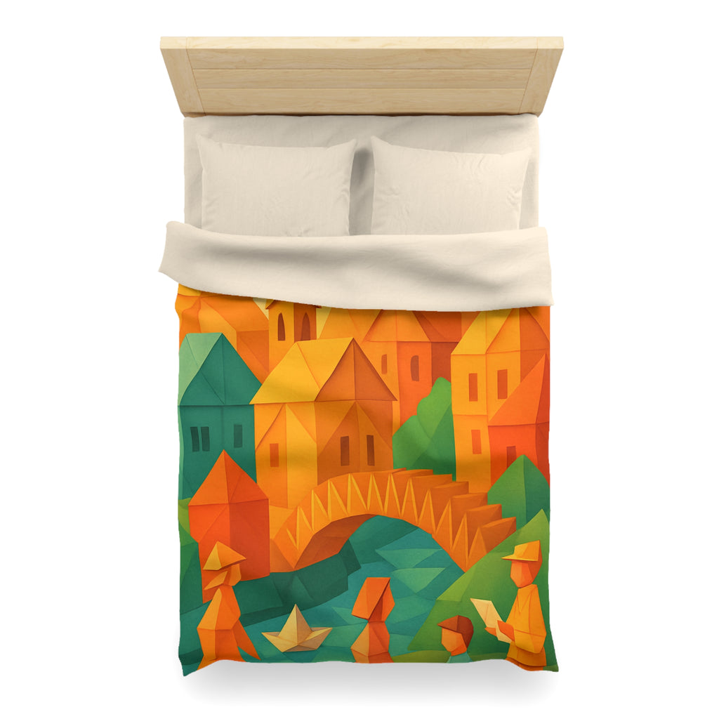 Housse de couette motif origami coloré avec paysage urbain et silhouettes humaines