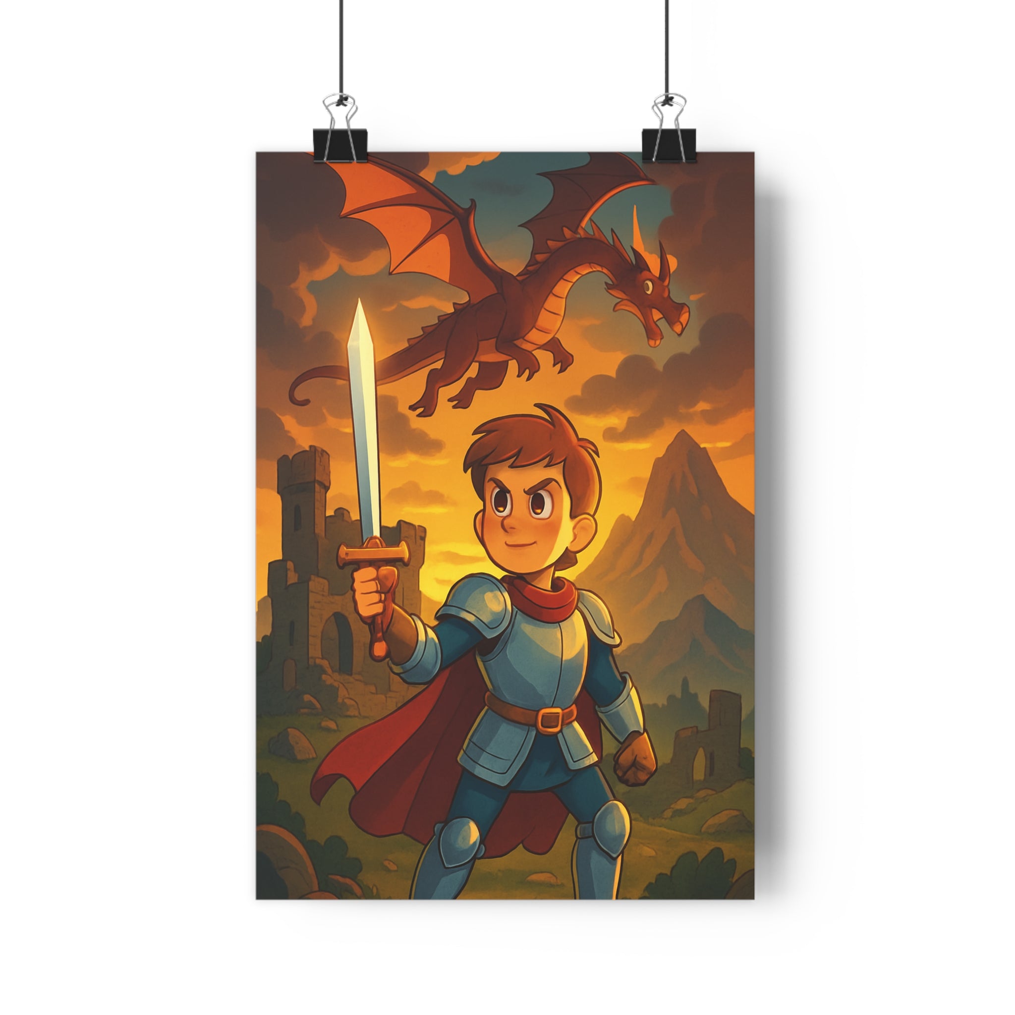 Poster décoratif guerrier épée dragon aventure montagne ruines château dessin animé coloré épique chambre