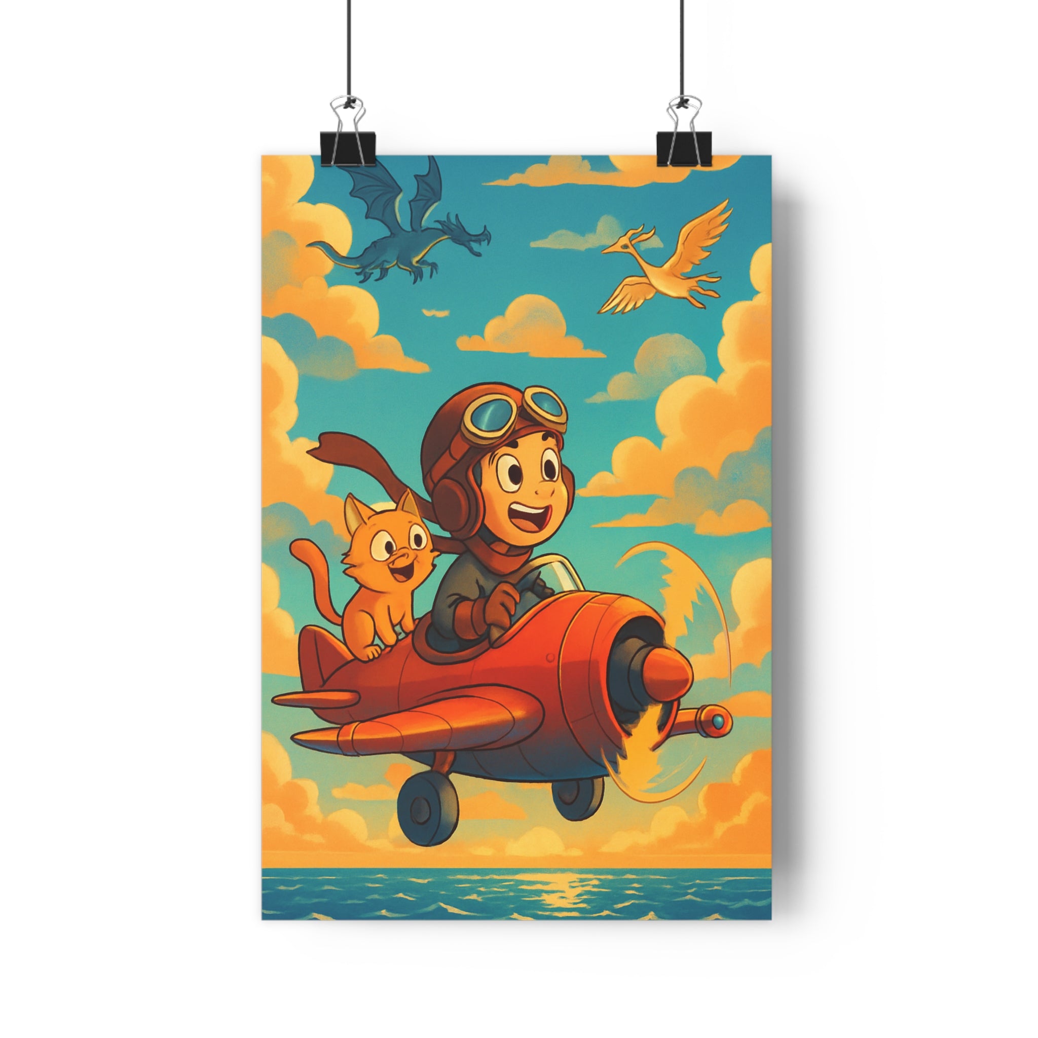 Poster décoratif aventure aérienne enfant joyeux coloré rouge bleu jaune chambre dynamique tendance moderne