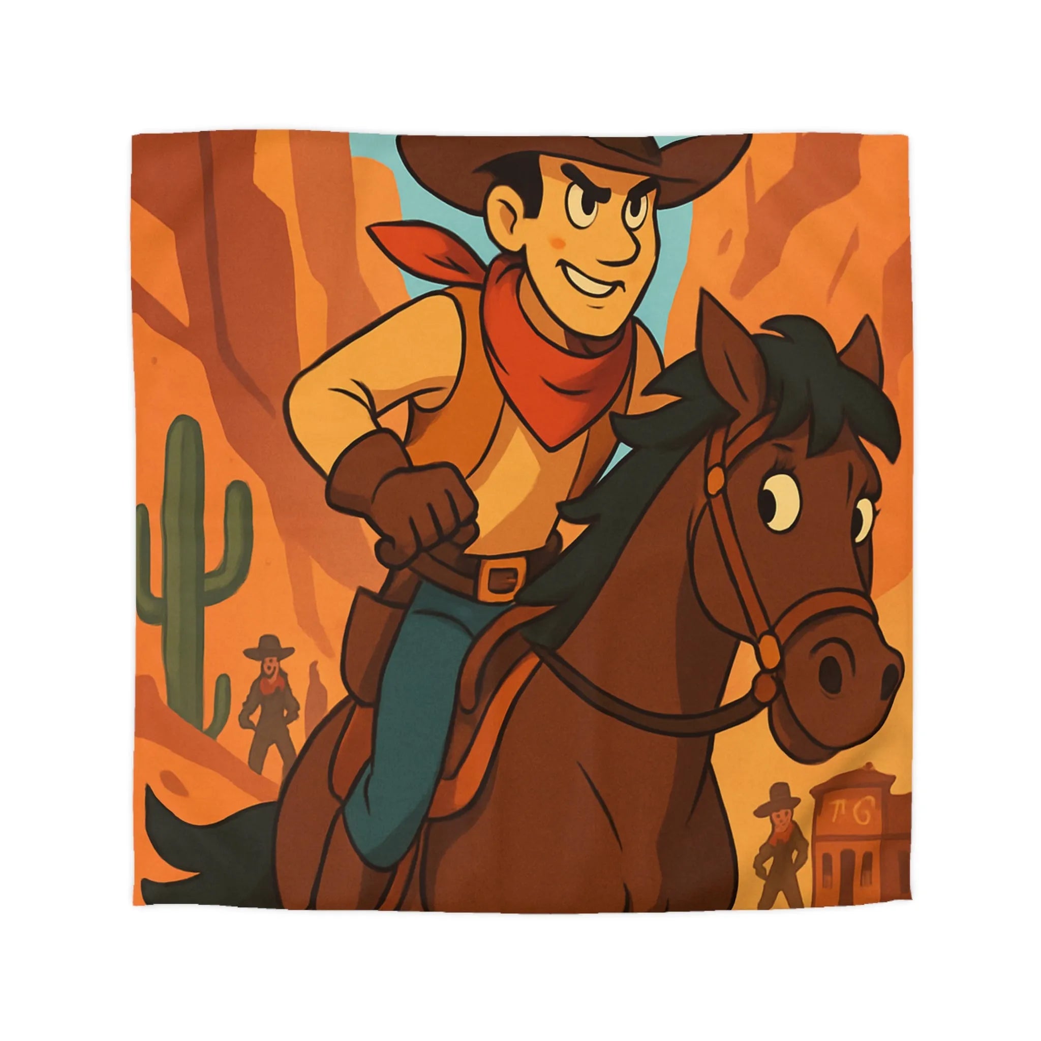 Housse de couette avec cavalier de dessin animé dans paysage désertique occidental