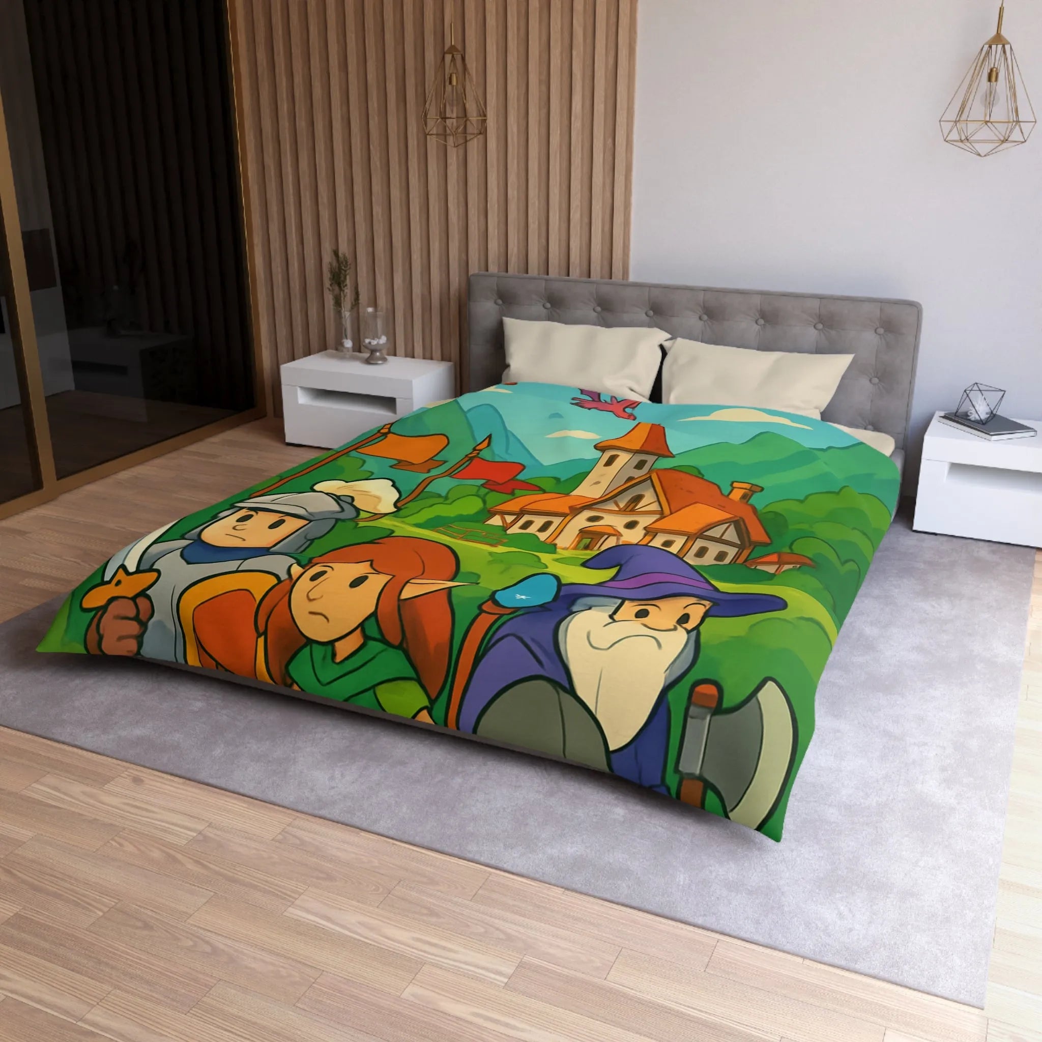 Housse de couette aventure médiévale avec dragons, chevalier, elfe, sorcier et troll