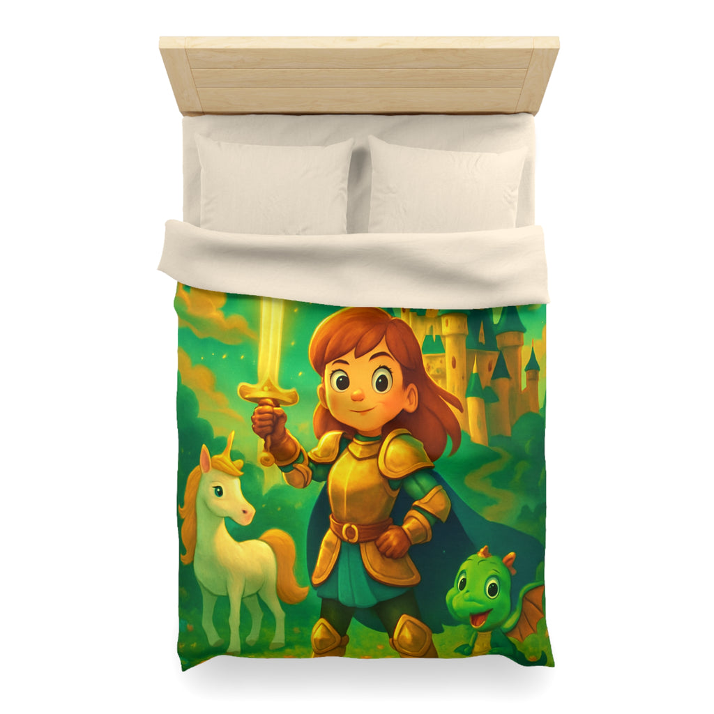 Housse de couette pour enfants avec chevalier, château et animaux fantastiques