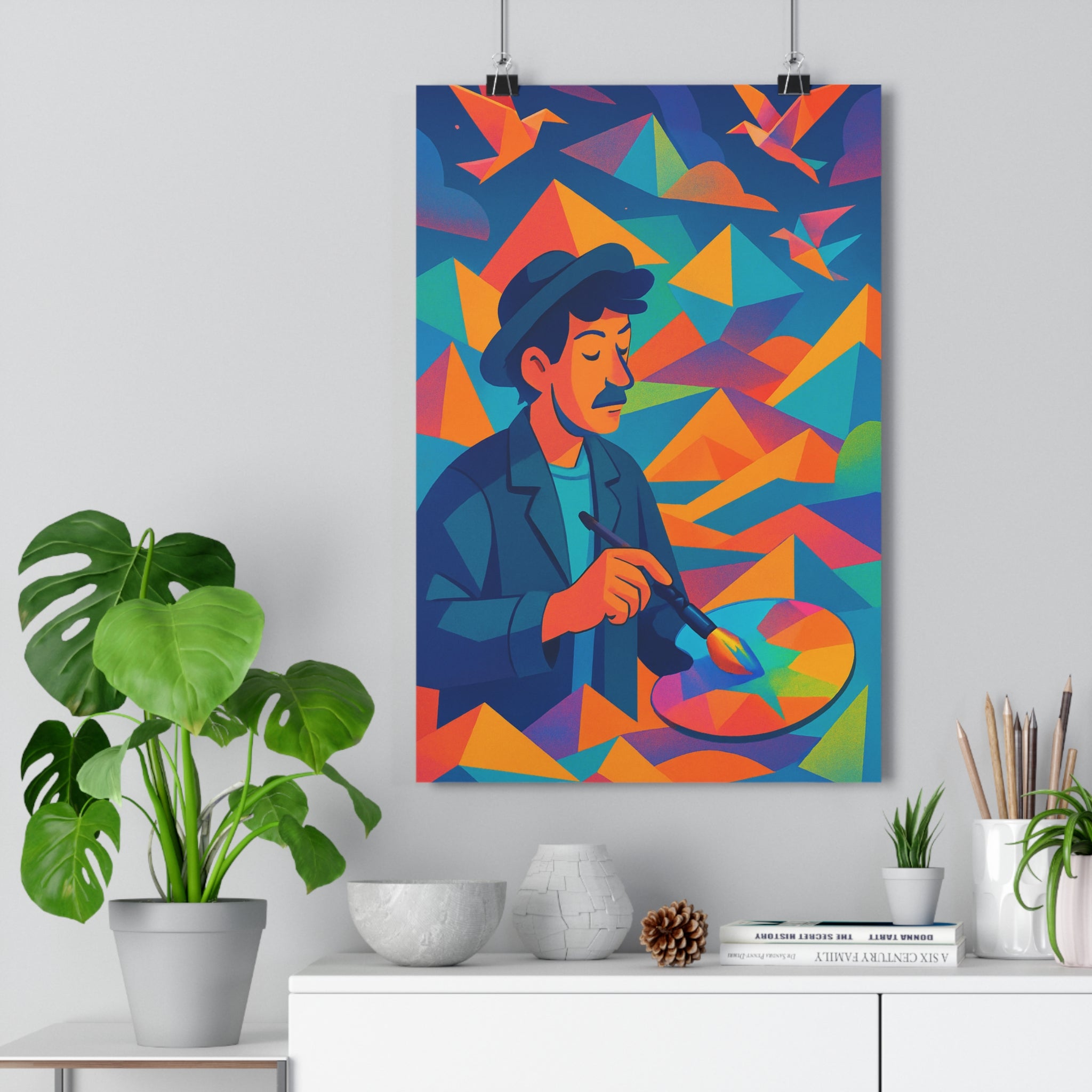 Poster décoratif art abstrait vibrant coloré bleu orange rose salon chambre moderne dynamique inspirant