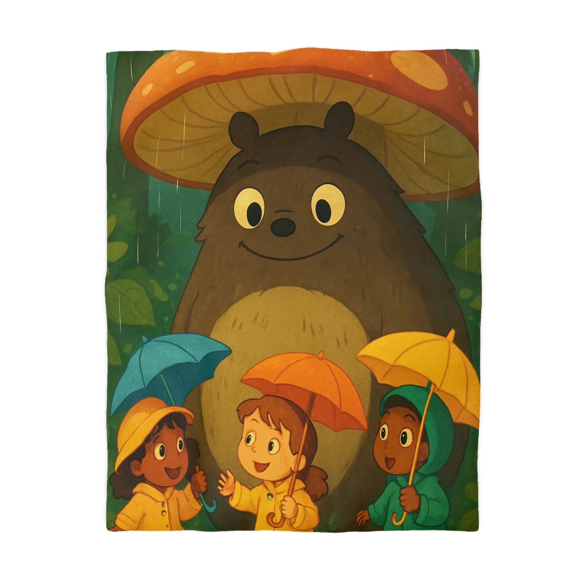 Housse de couette enfant avec ours sous champignon et enfants joyeux en forêt