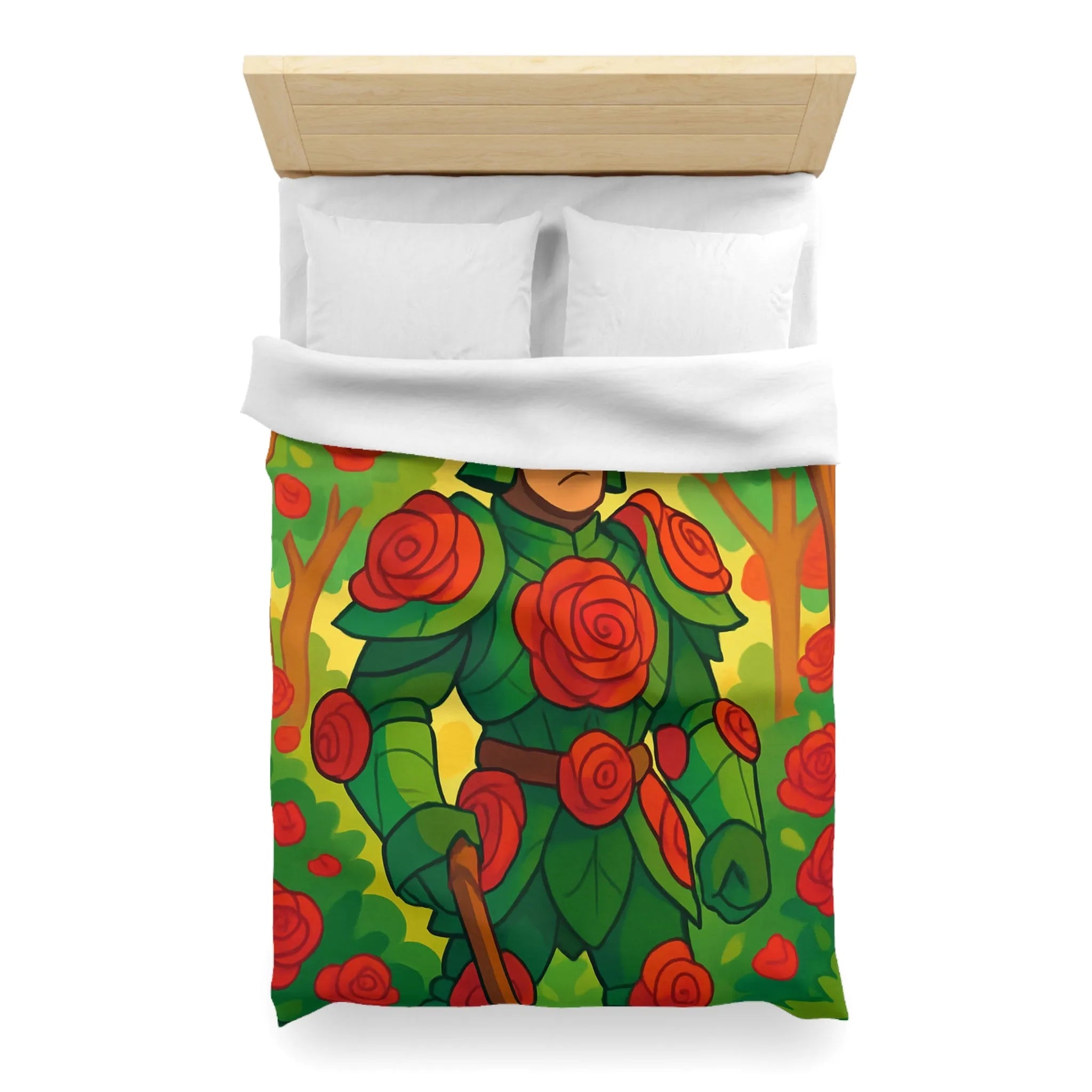 Housse de couette au design chevalier floral avec roses rouges et feuillage vert