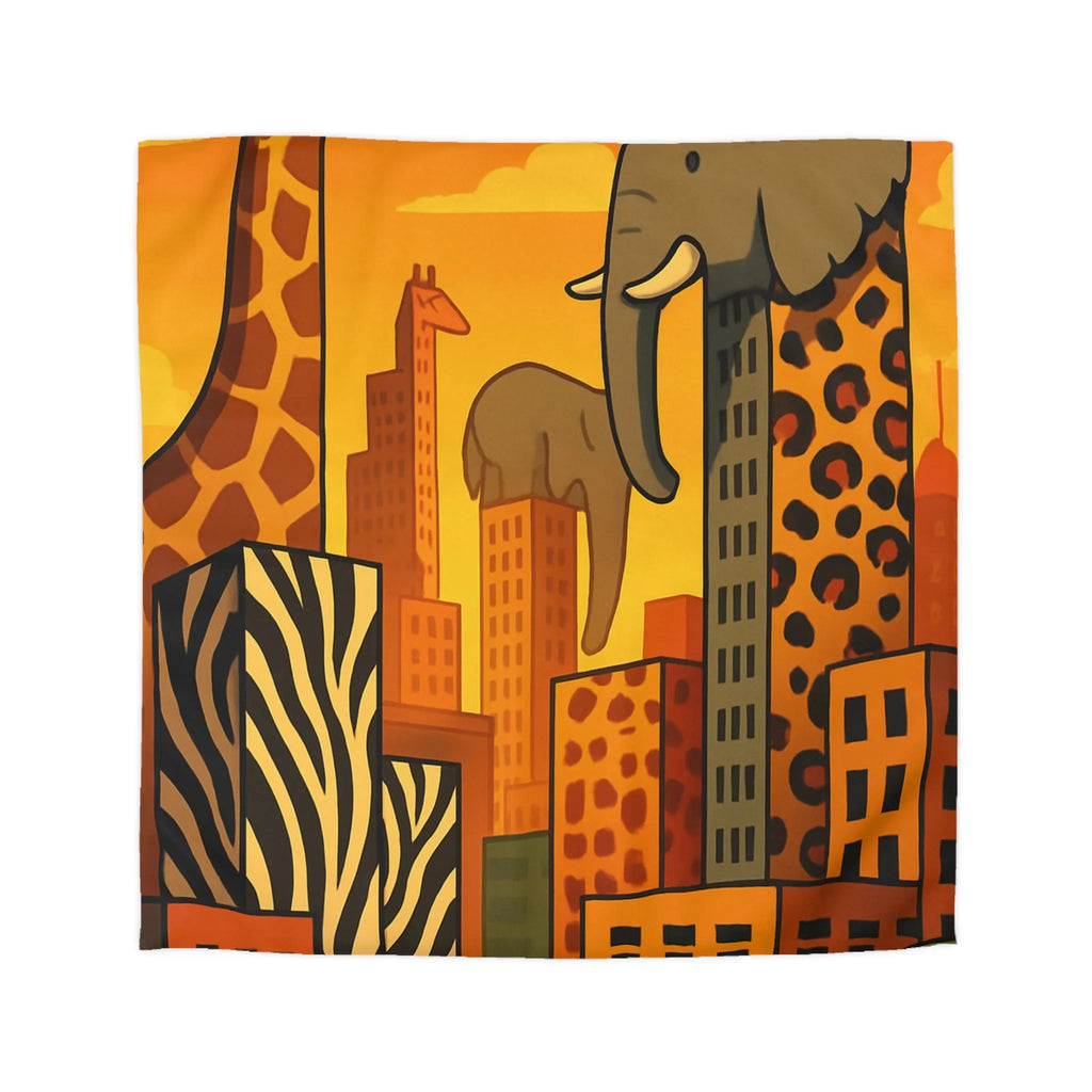 Housse de couette jungle urbaine : gratte-ciel animaux dans tons chauds, motif sauvage