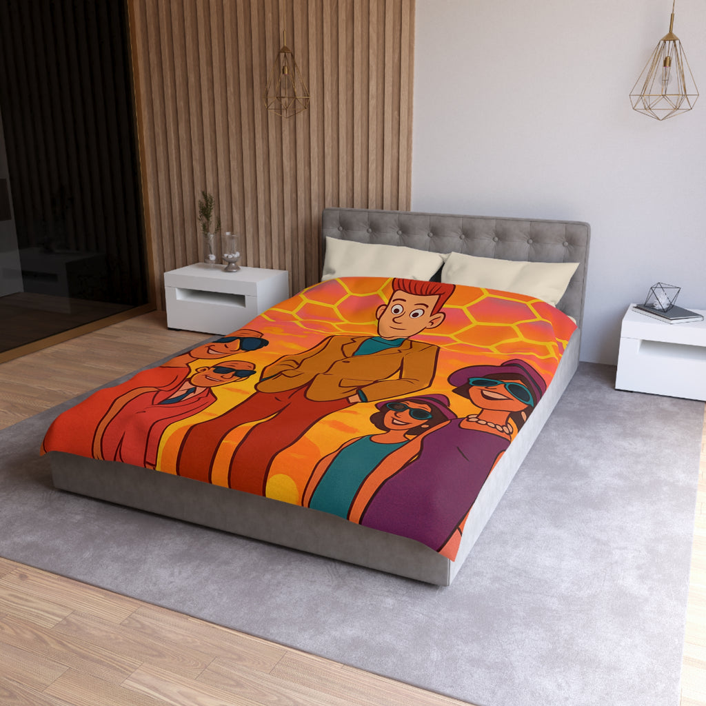 Motifs colorés hexagonaux vibrant avec personnages stylisés dans un paysage ensoleillé unique