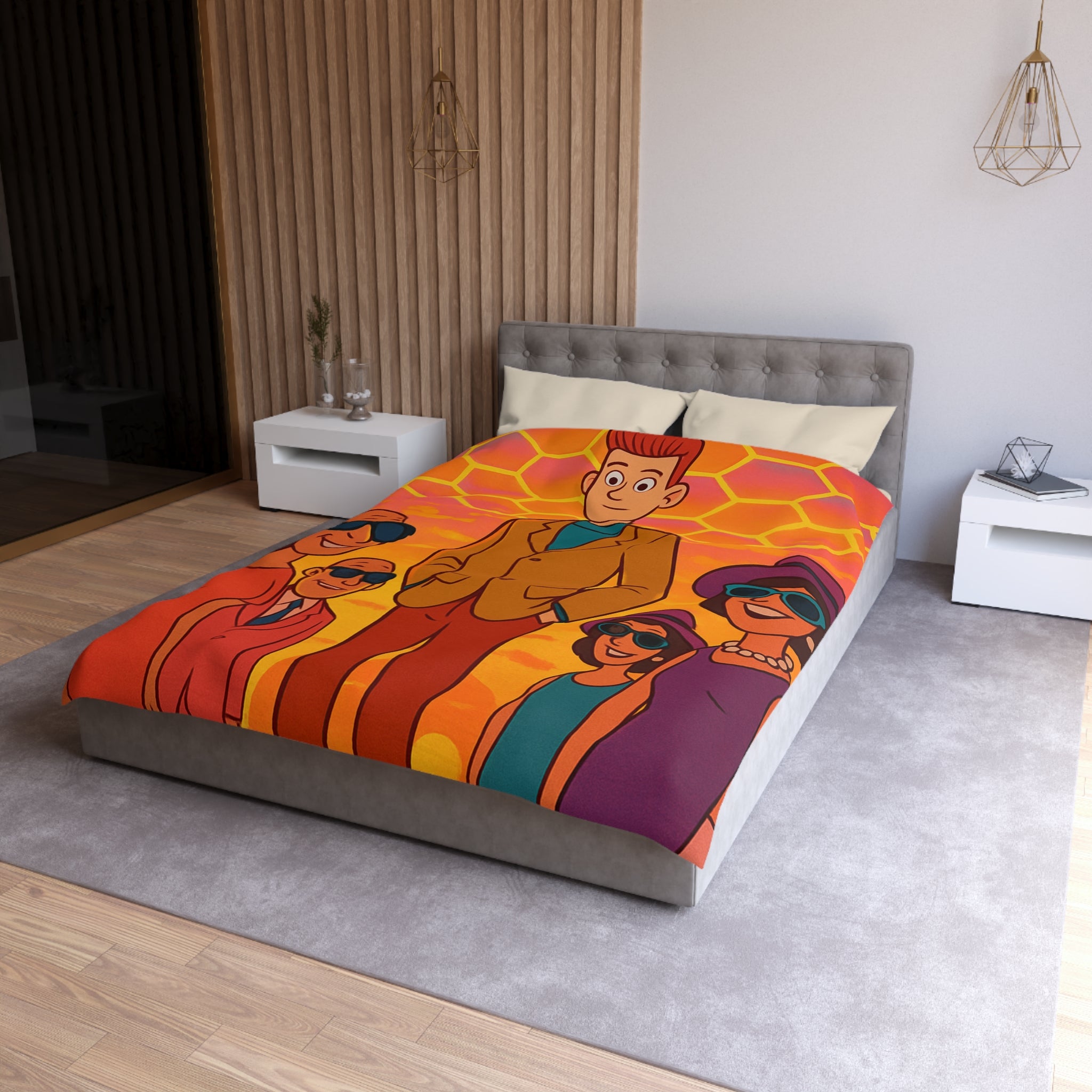 Motifs colorés hexagonaux vibrant avec personnages stylisés dans un paysage ensoleillé unique