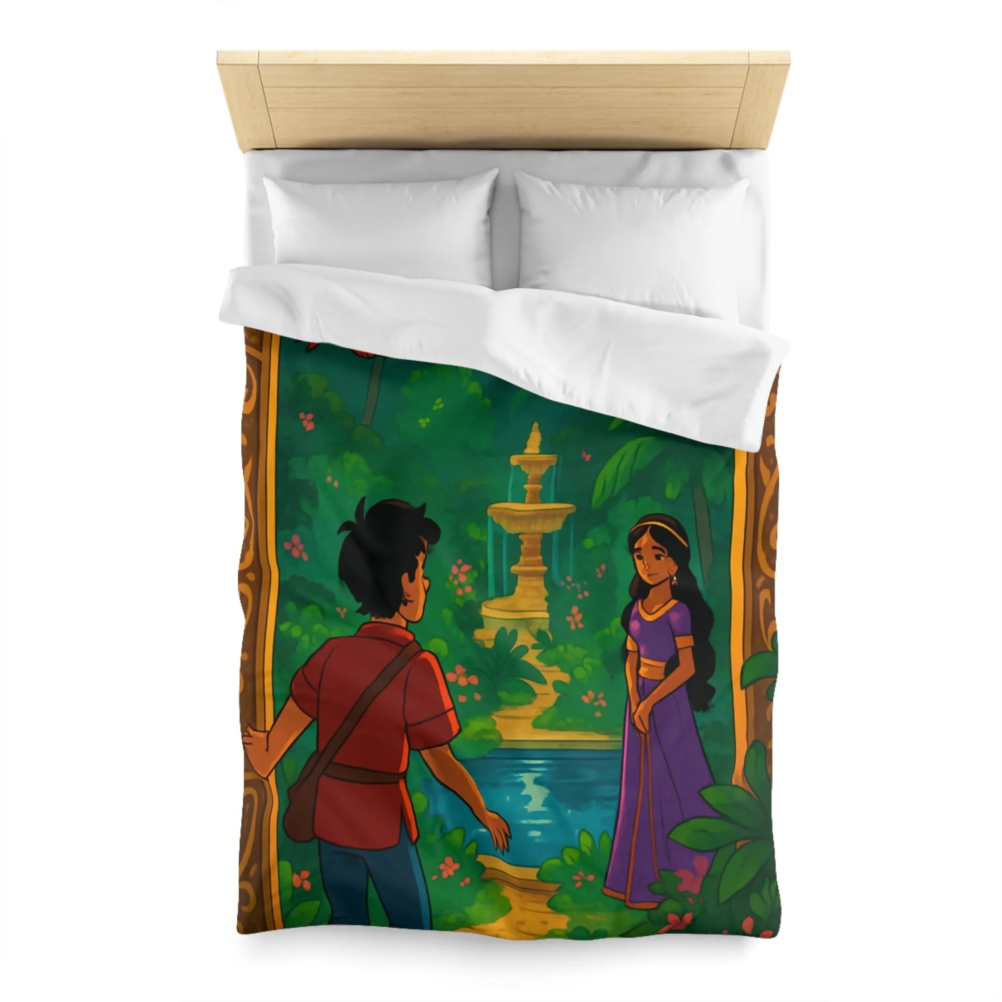 Housse De Couette Enchantée Illustrant Jardin Nocturne Avec Fontaine Et Clair De Lune