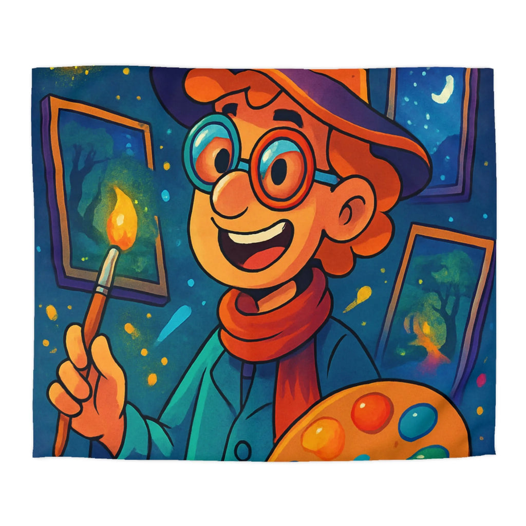 Housse de couette magique illustrée avec artiste en chapeau et palette lumineuse