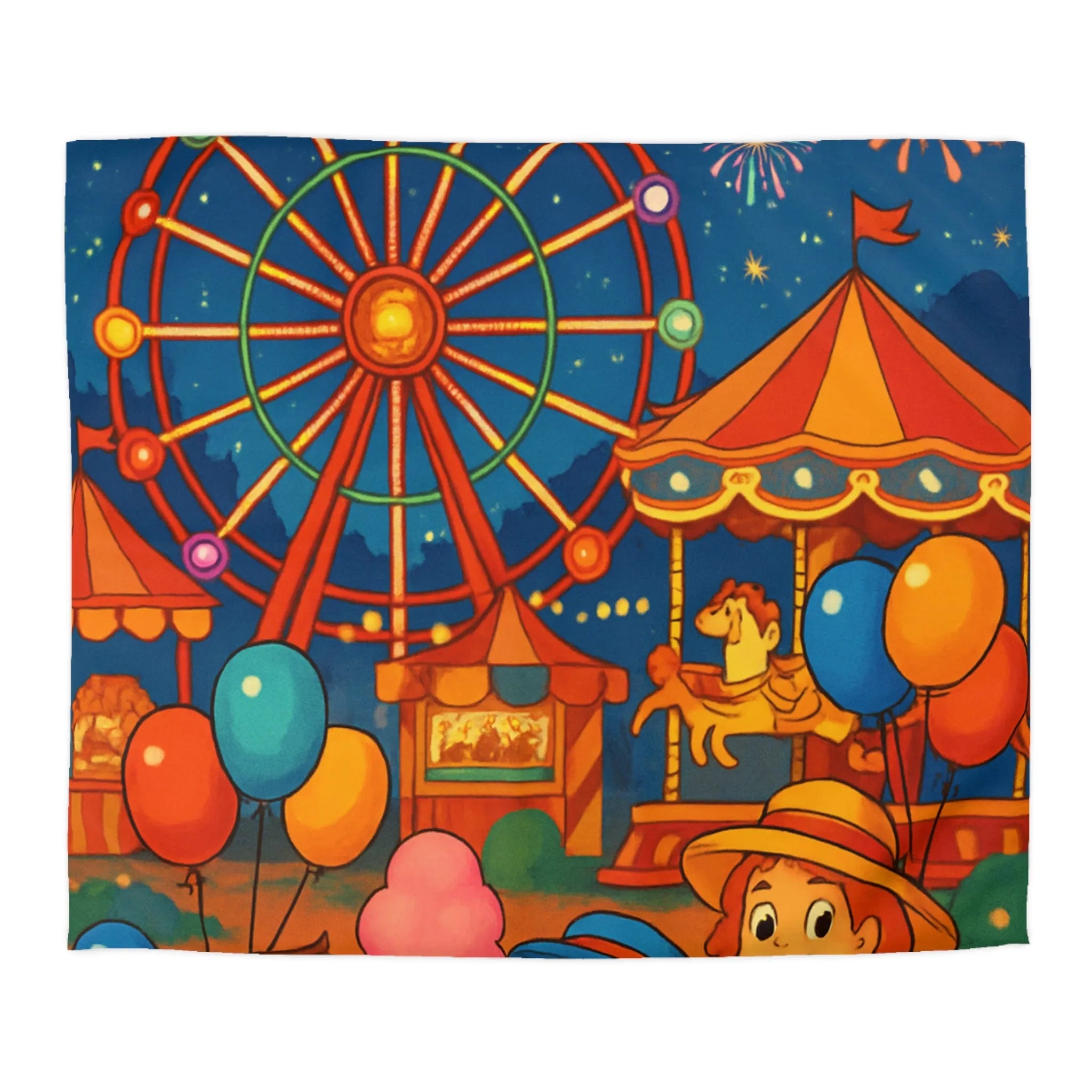 Housse de Couette Enfantine avec Grande Roue, Enfants et Feux d’Artifice Colorés