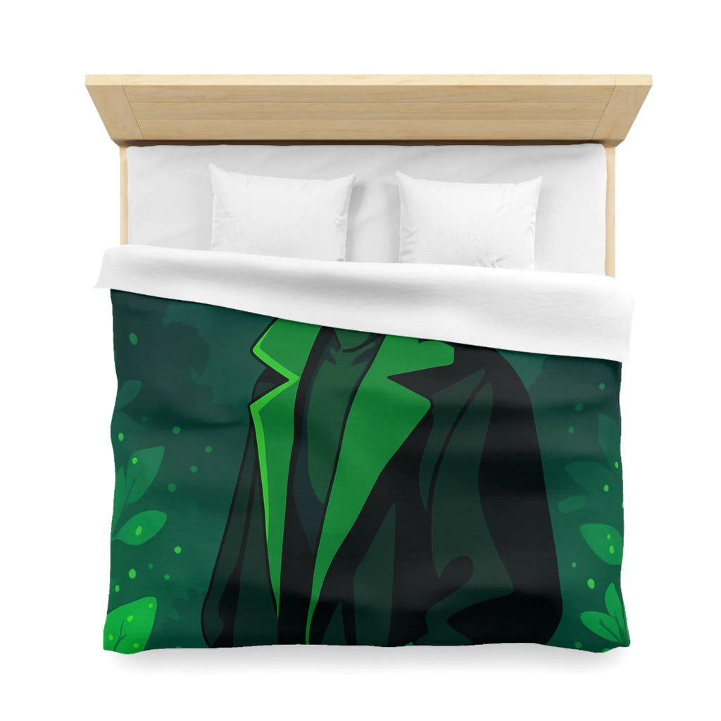 Housse de couette forêt graphique avec personnage mystérieux et nuances vertes élégantes