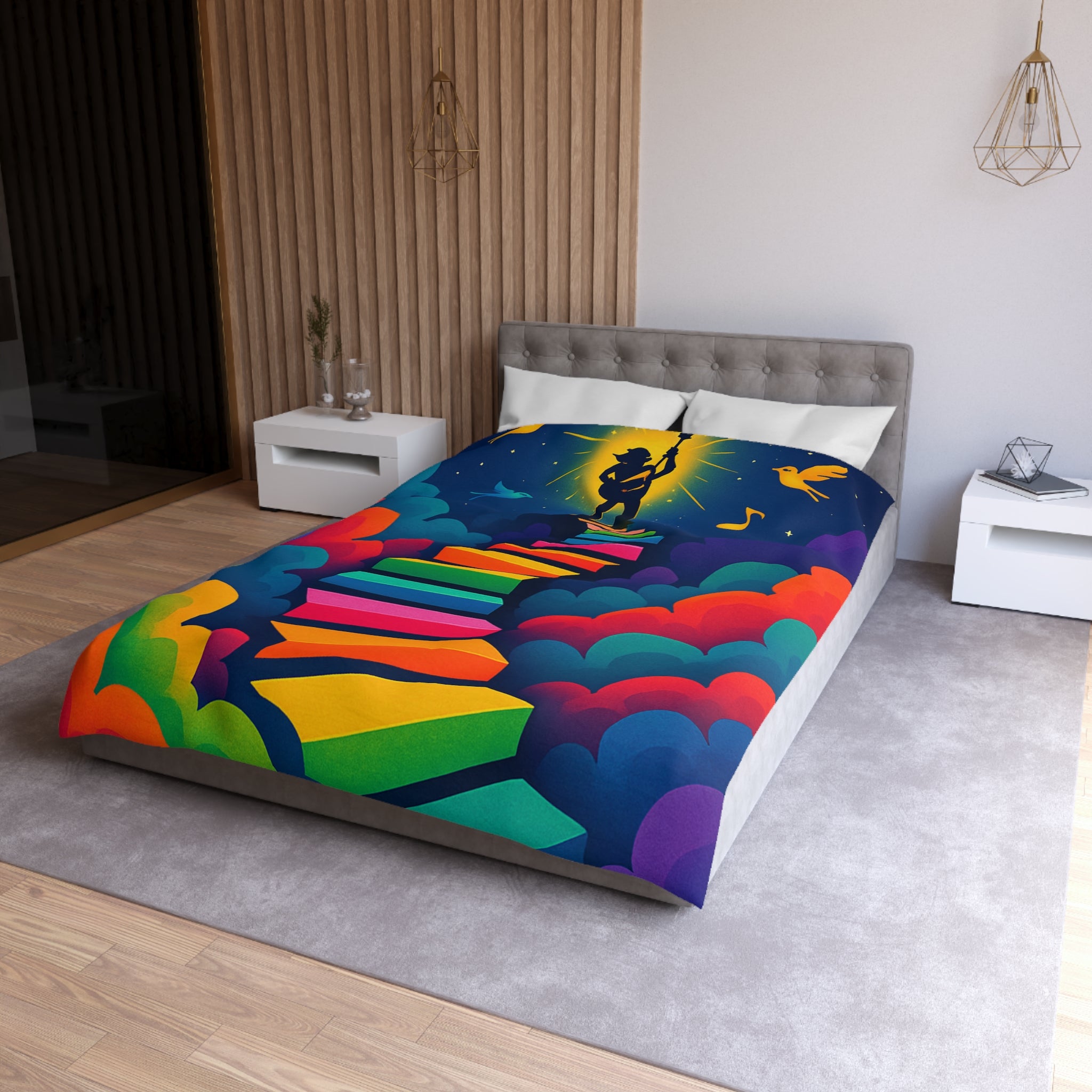 Housse de Couette Rêve d'Escalier Arc-en-Ciel avec Musicien et Oiseaux Colorés