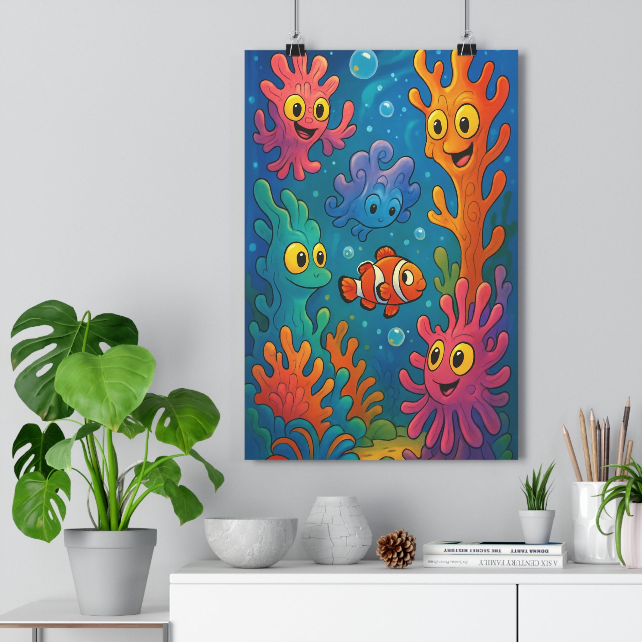Poster décoratif coloré cartoon joyeux magique enfant chambre coraux fantastique poisson clown vibrant unique