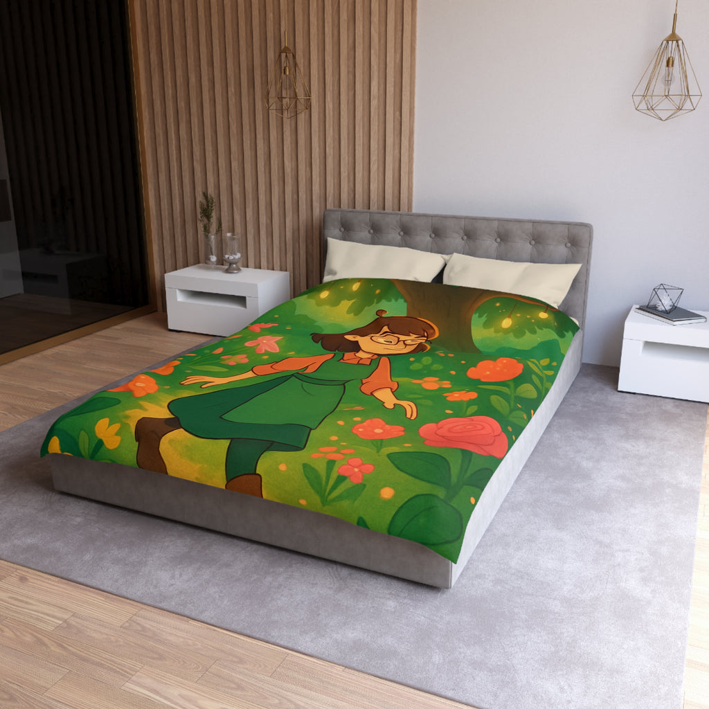 Housse de Couette Motif Pastoral Fille Promenade Fleurie Arbre Lumières Magie Enchantée