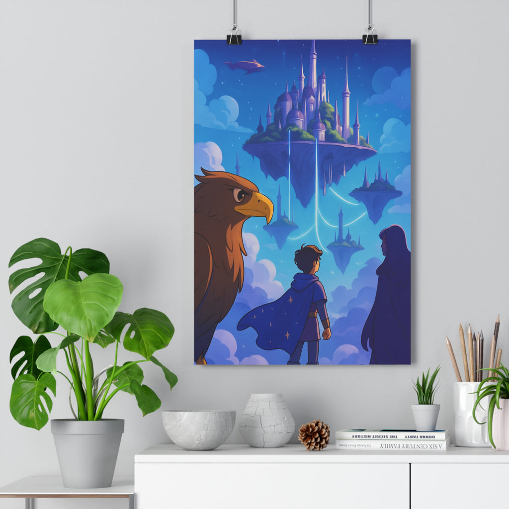 Poster décoratif fantastique bleu violet salon chambre aventure île îles flottante paysagisme majestueux surréaliste