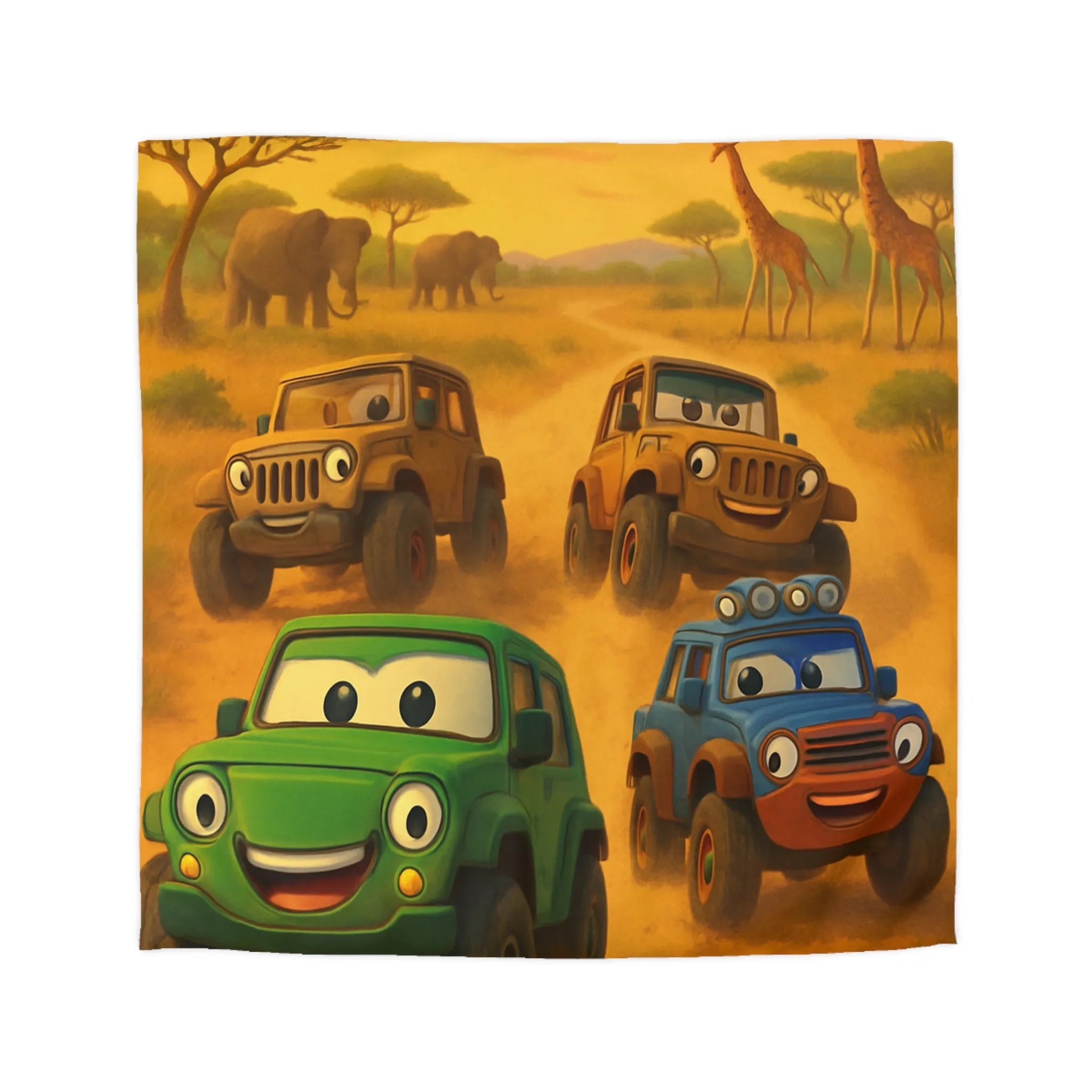 Housse de couette colorée safari savane avec voitures animales pour enfants joyeux