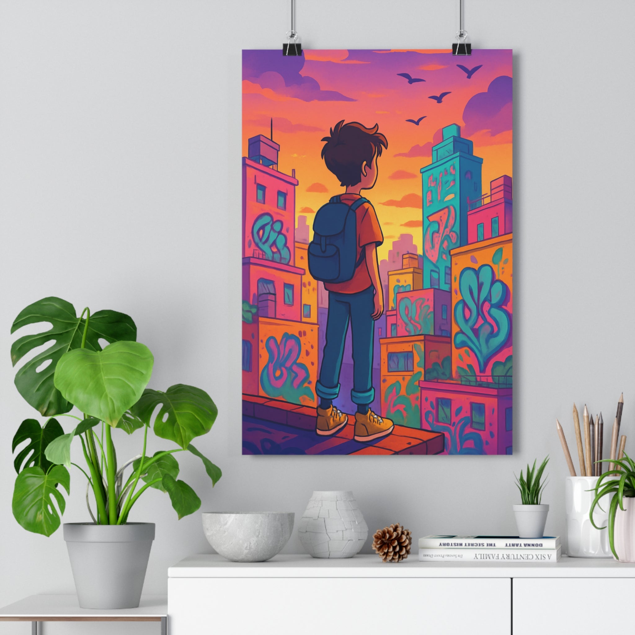 Poster décoratif urbain coloré cartoon orange rose aventure chambre salon adolescent 30x46 tendance qualité