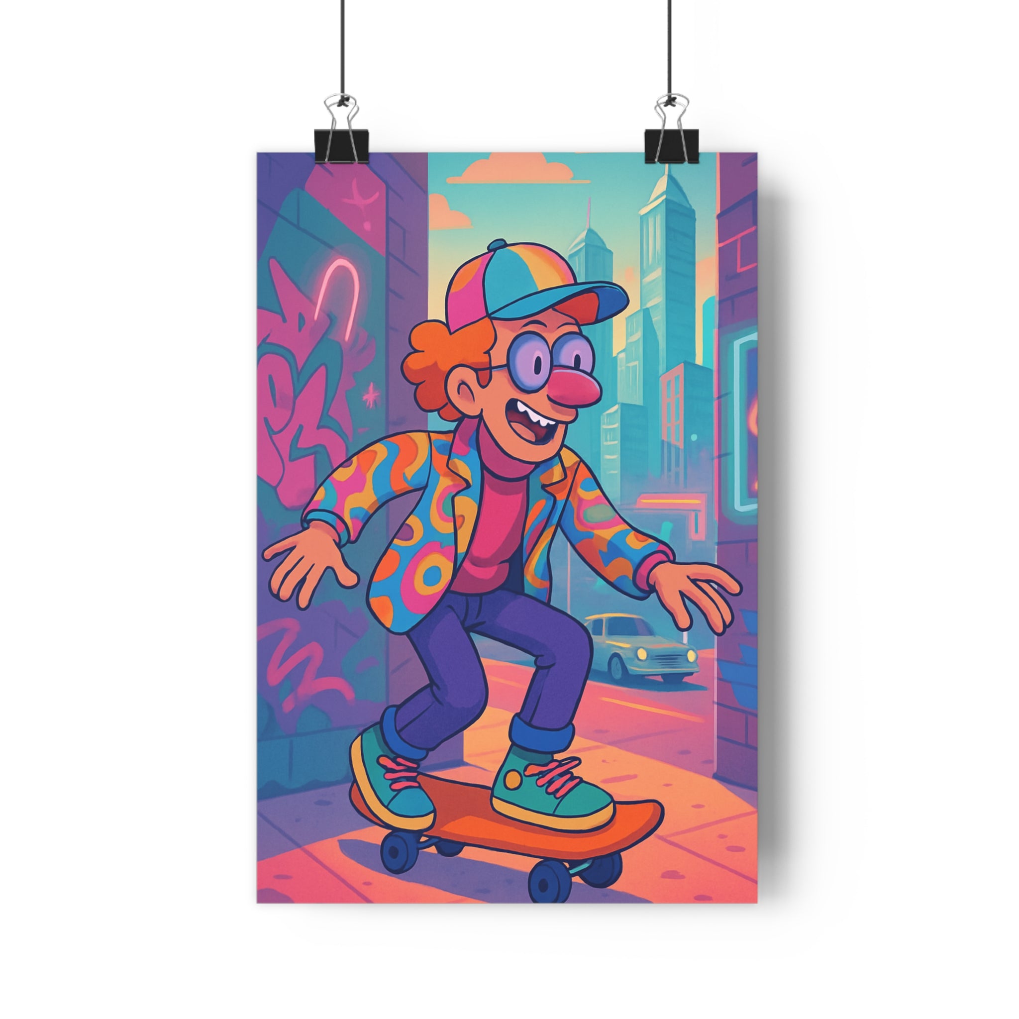 Poster décoratif popart bleu rose orange urbain joyeux chambre salon enfant tendance moderne vibrant