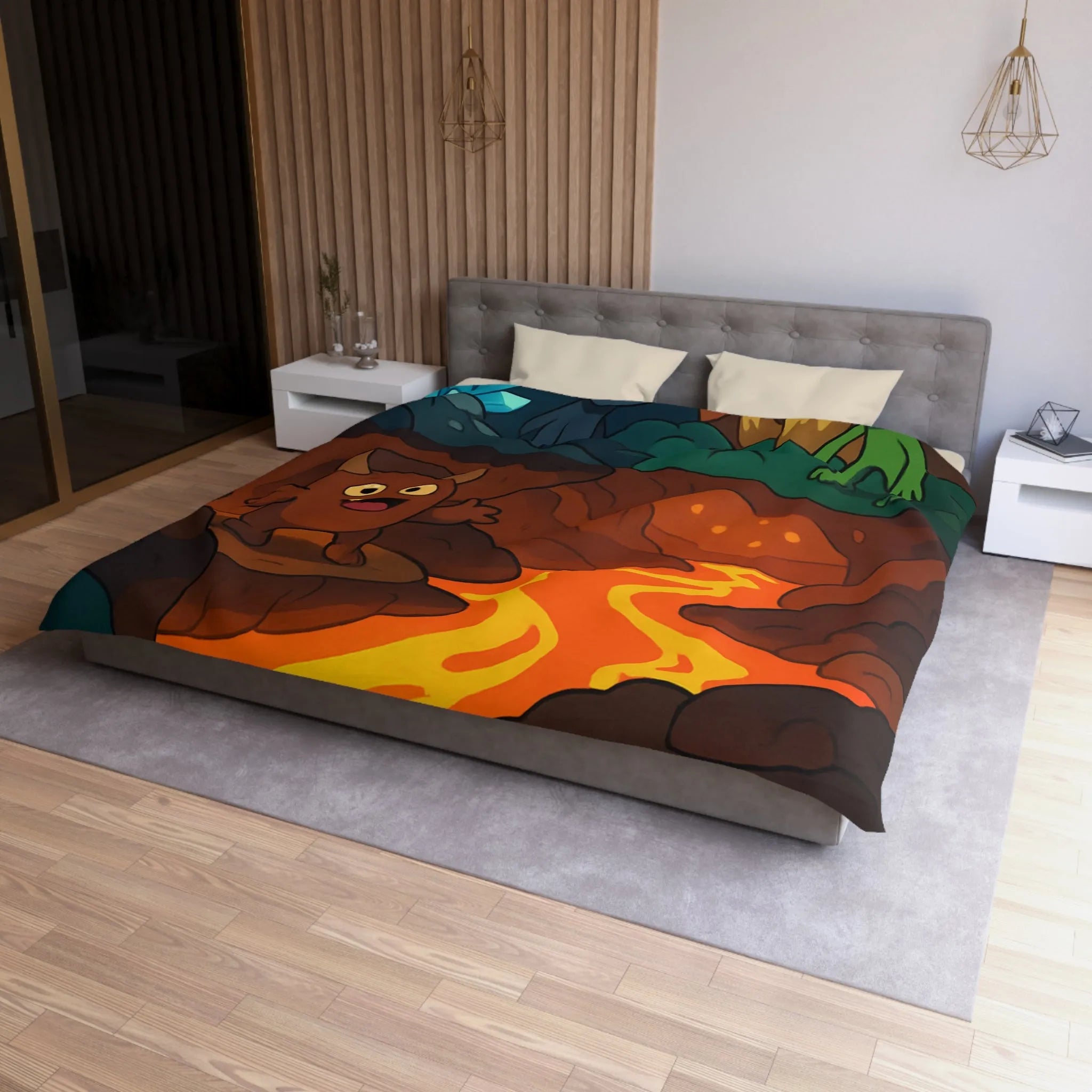 Housse de Couette Enfant Paradis Souterrain Magique avec Créatures Mystiques et Cristaux Lumineux