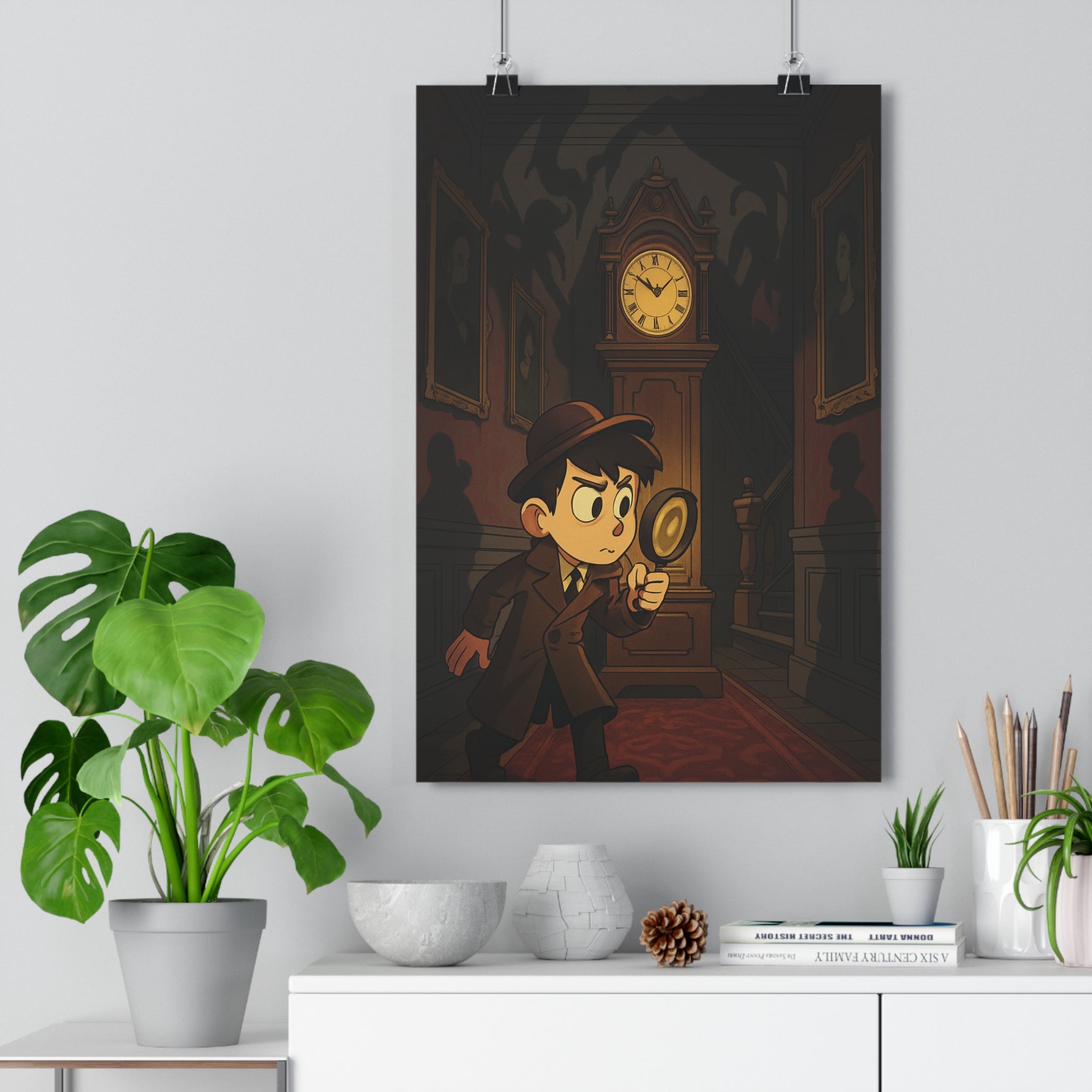 Poster décoratif détective mystérieux manoir sombre gothique horloge portraits vintage salon ambiance énigmatique qualité