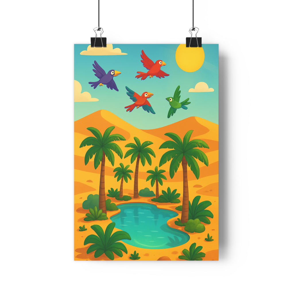 Poster décoratif oasis désert palmiers verts bleu ciel cartoon joyeux salon chambre bureau enfants