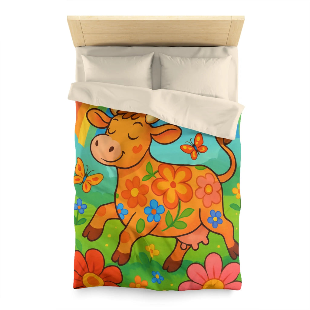 Housse de Couette Enfant Joyeuse Vache Orange Sous Arc-en-Ciel et Papillons Colorés