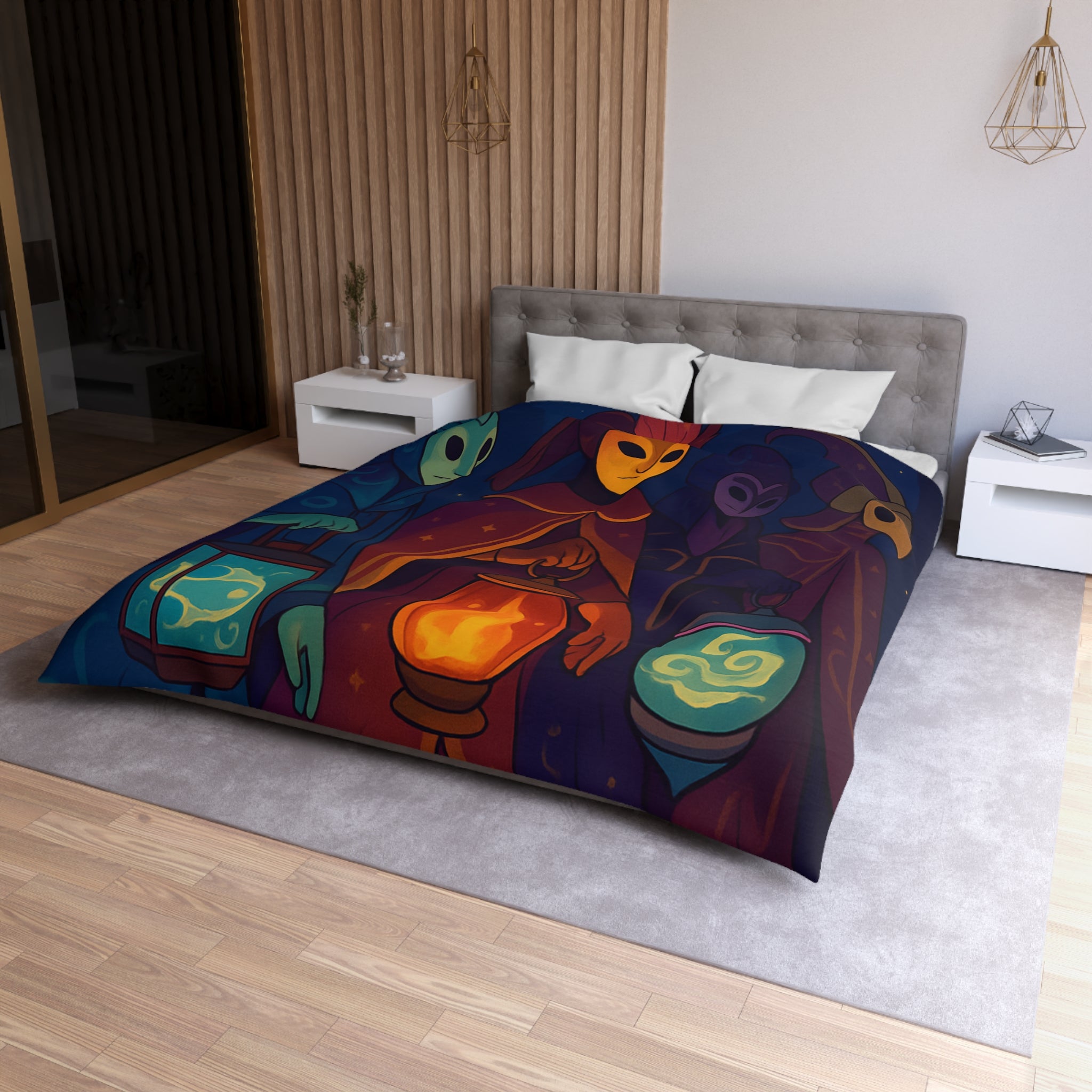 Housse de couette mystérieuse avec personnages masqués et lanternes en forêt étoilée