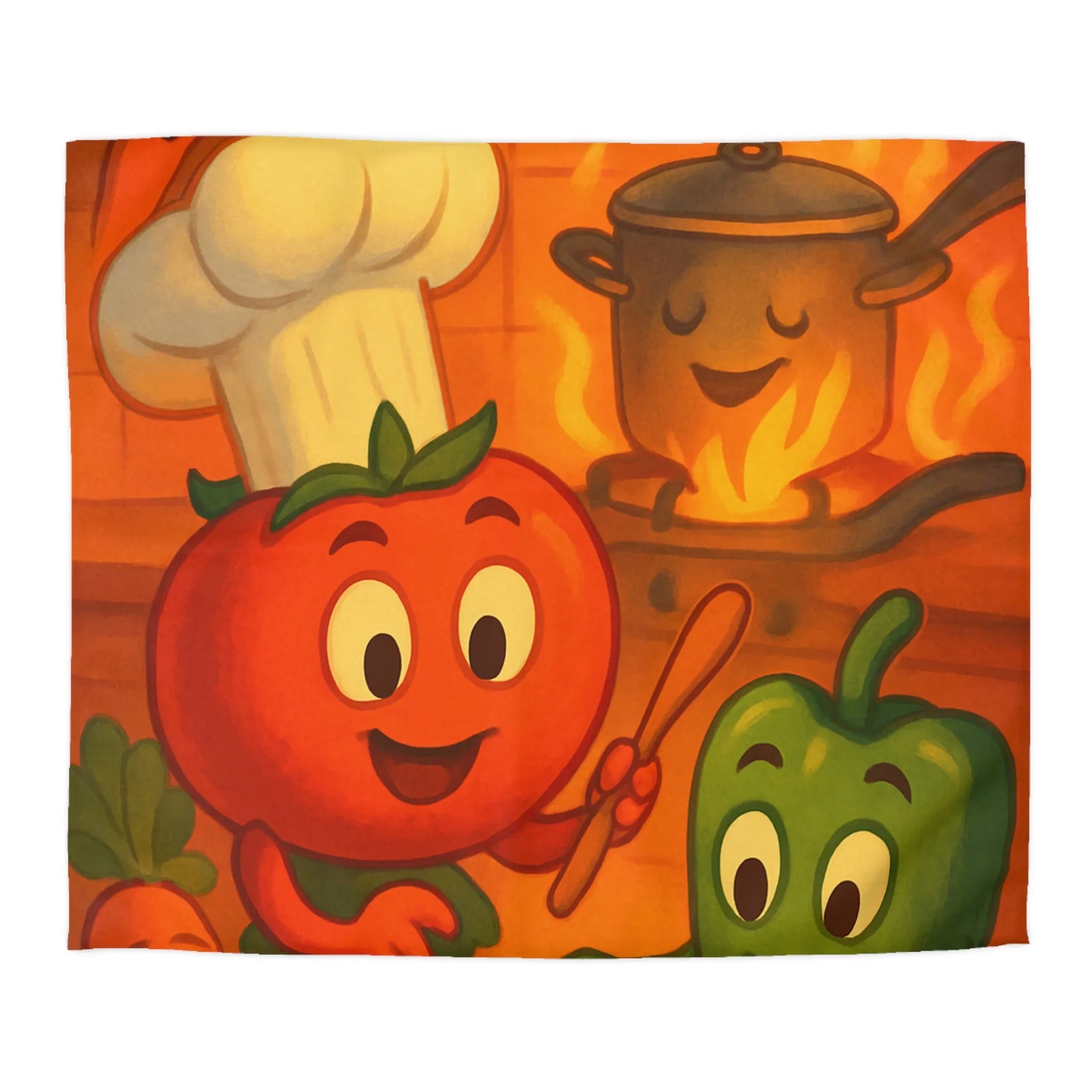 Housse de couette illustrée avec légumes adorables jouant dans une cuisine animée orangée