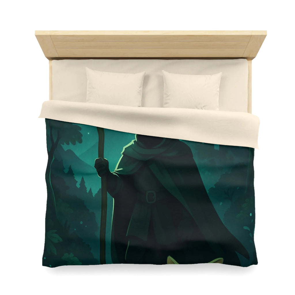 Housse de couette magique avec sorcier nocturne et créature enchantée sous lune étoilée