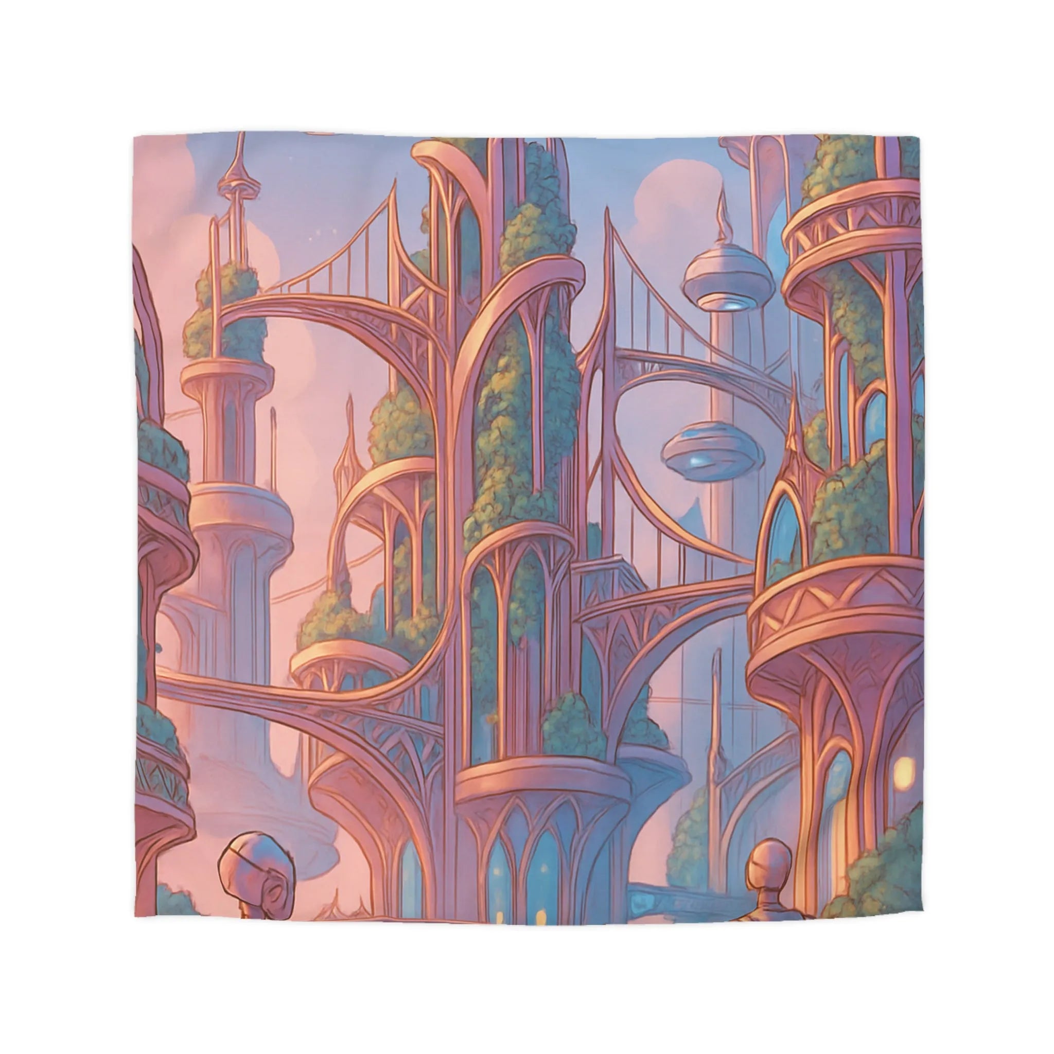 Housse de couette futuriste avec architecture élégante et robots dans tons pastel