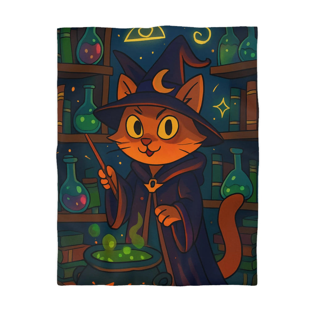 Housse de couette féline magique avec chat sorcier et chaudron dans bibliothèque colorée