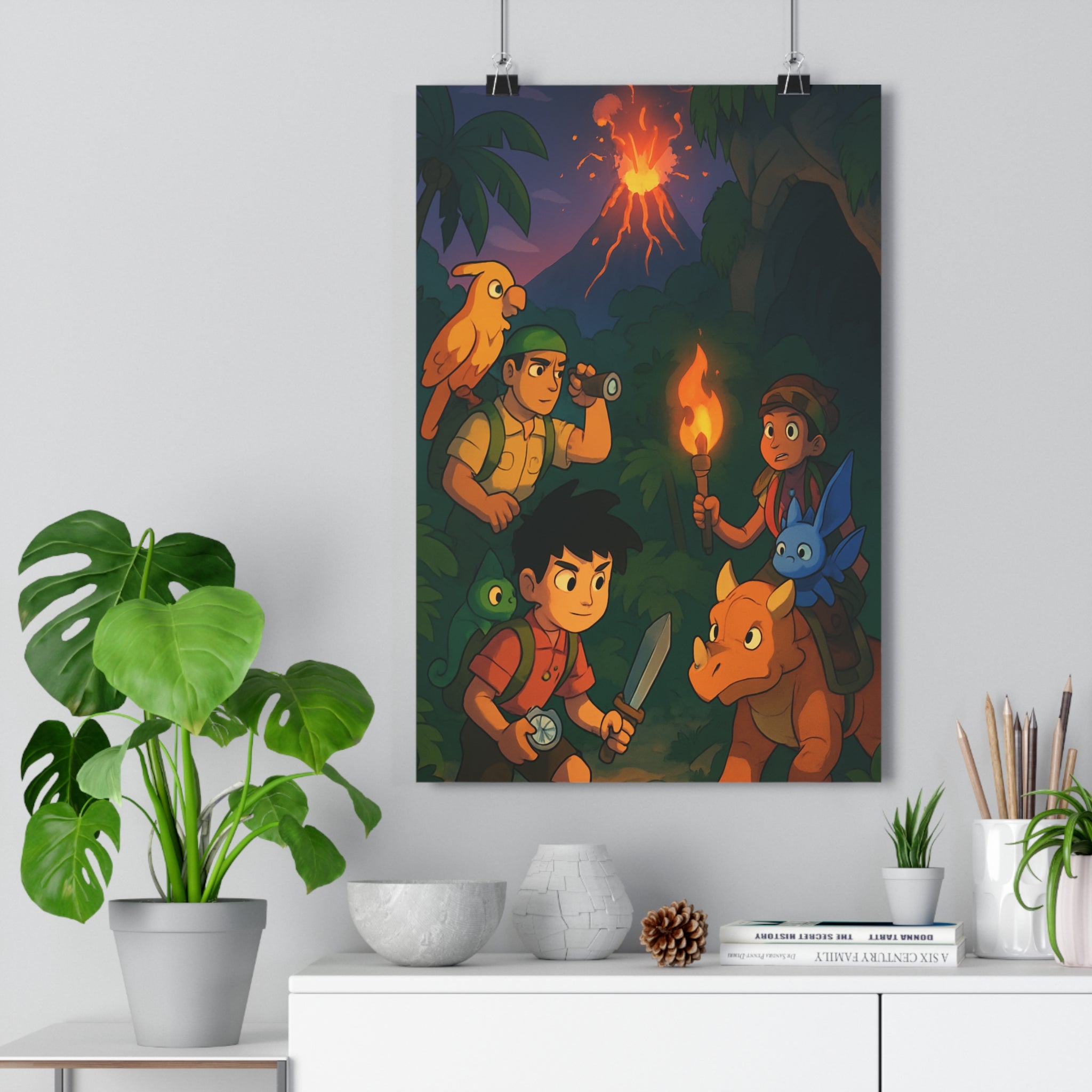 Poster décoratif aventure dessin animé jungle nocturne couleurs vives chambre salon explorateur créature volcan